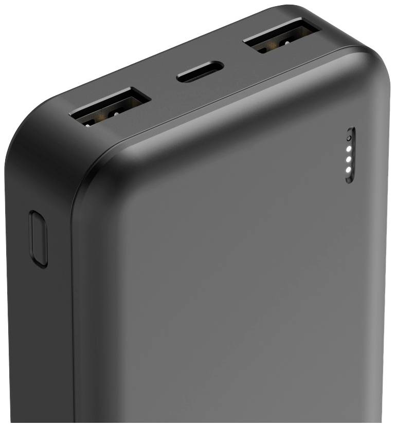 Schwarze Powerbank mit zwei USB-Anschlüssen und einem USB-C-Anschluss. LED-Anzeigen zeigen den Ladestatus an.