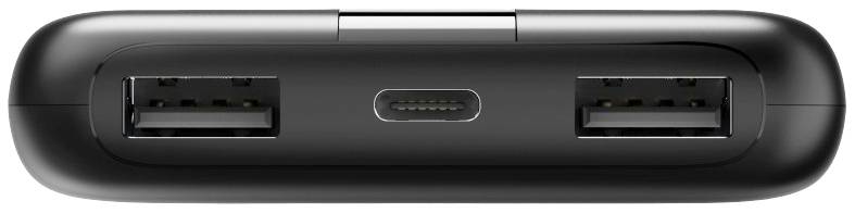 Schwarzes Gerät mit zwei USB-A-Anschlüssen und einem USB-C-Anschluss in der Mitte.