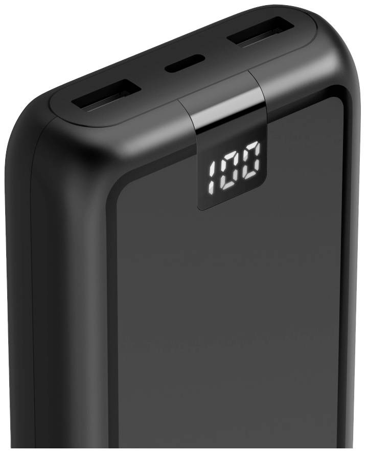 Schwarze Powerbank mit zwei USB-Anschlüssen und digitaler Anzeige, die den Batteriestand von 100 Prozent zeigt.