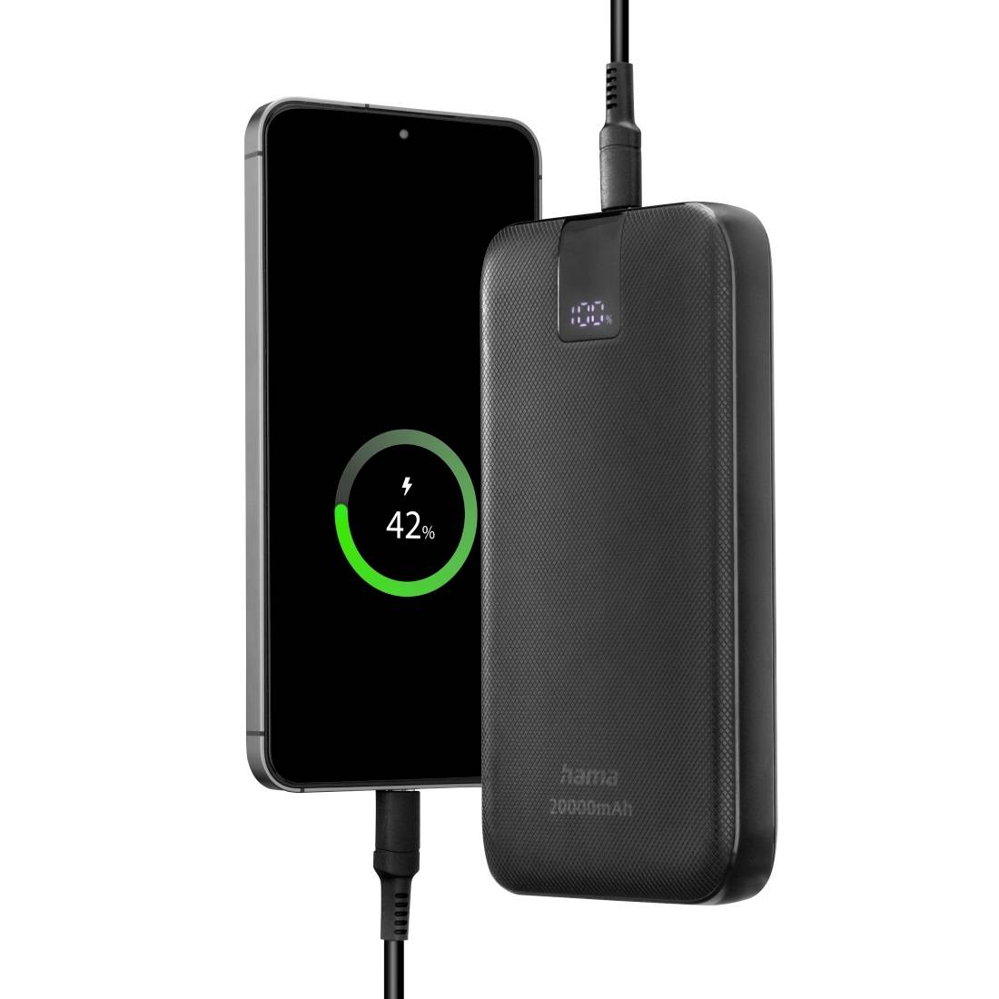 Ein Smartphone wird mittels eines Kabels von einer Powerbank mit 42% geladen.