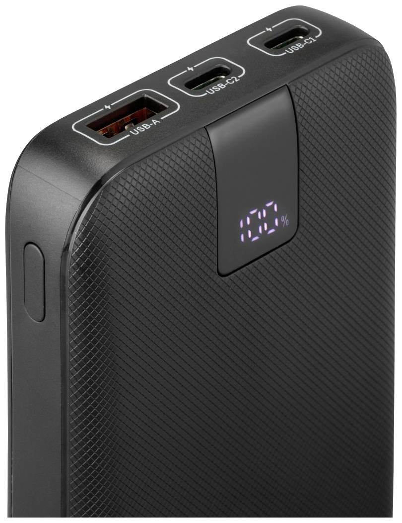 Schwarze Powerbank mit Anzeige, die '10%' zeigt. Drei Anschlüsse: USB-A, USB-C1, USB-C2.