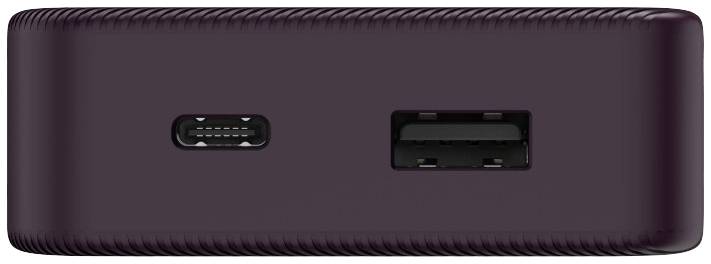 Eine lila Powerbank mit einem USB-C-Anschluss links und einem USB-A-Anschluss rechts.