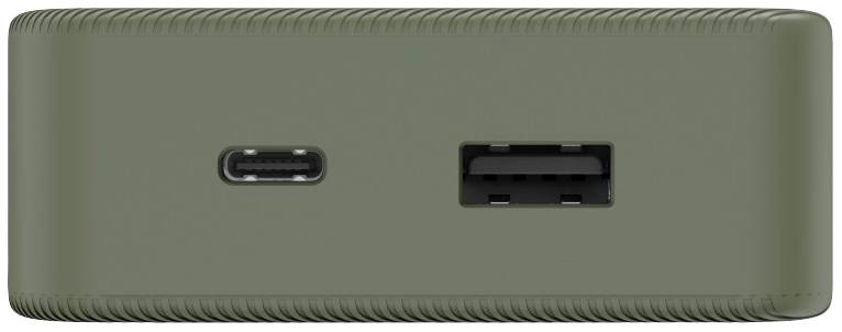 Eine Powerbank in olivgrüner Farbe mit einem USB-C- und einem USB-A-Anschluss auf der Seite.