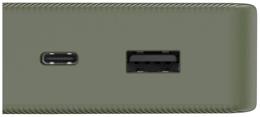 Eine Nahaufnahme von zwei Anschlüssen an einem grünen Gerät: links ein USB-C-Anschluss, rechts ein USB-A-Anschluss.