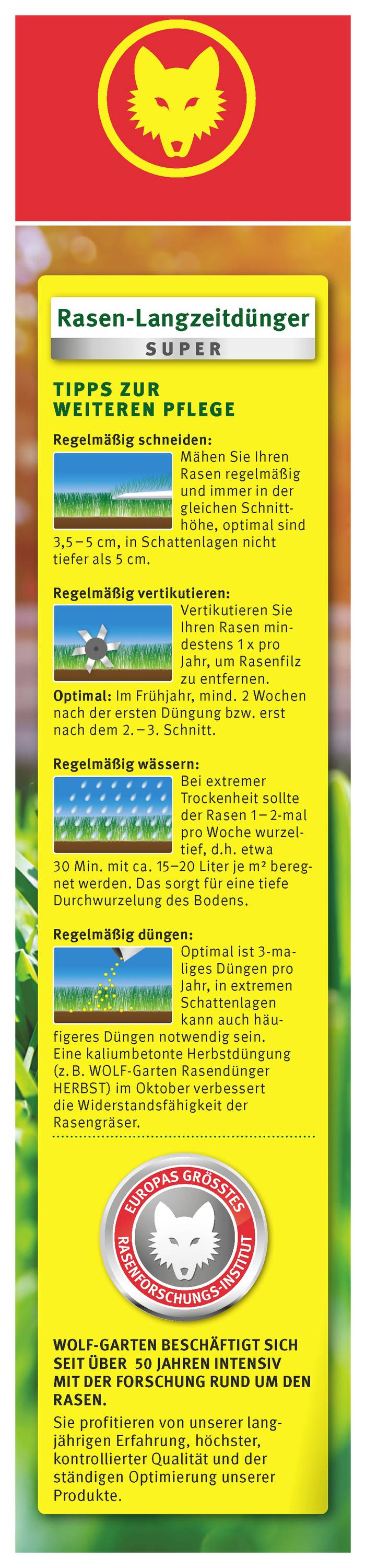 Rasen-Langzeitdünger. Tipps zur Rasenpflege: 1. Mähen, 2. Gießen, 3. Düngen mit dem empfohlenen Produkt. WOLF-Garten Siegel unten.
