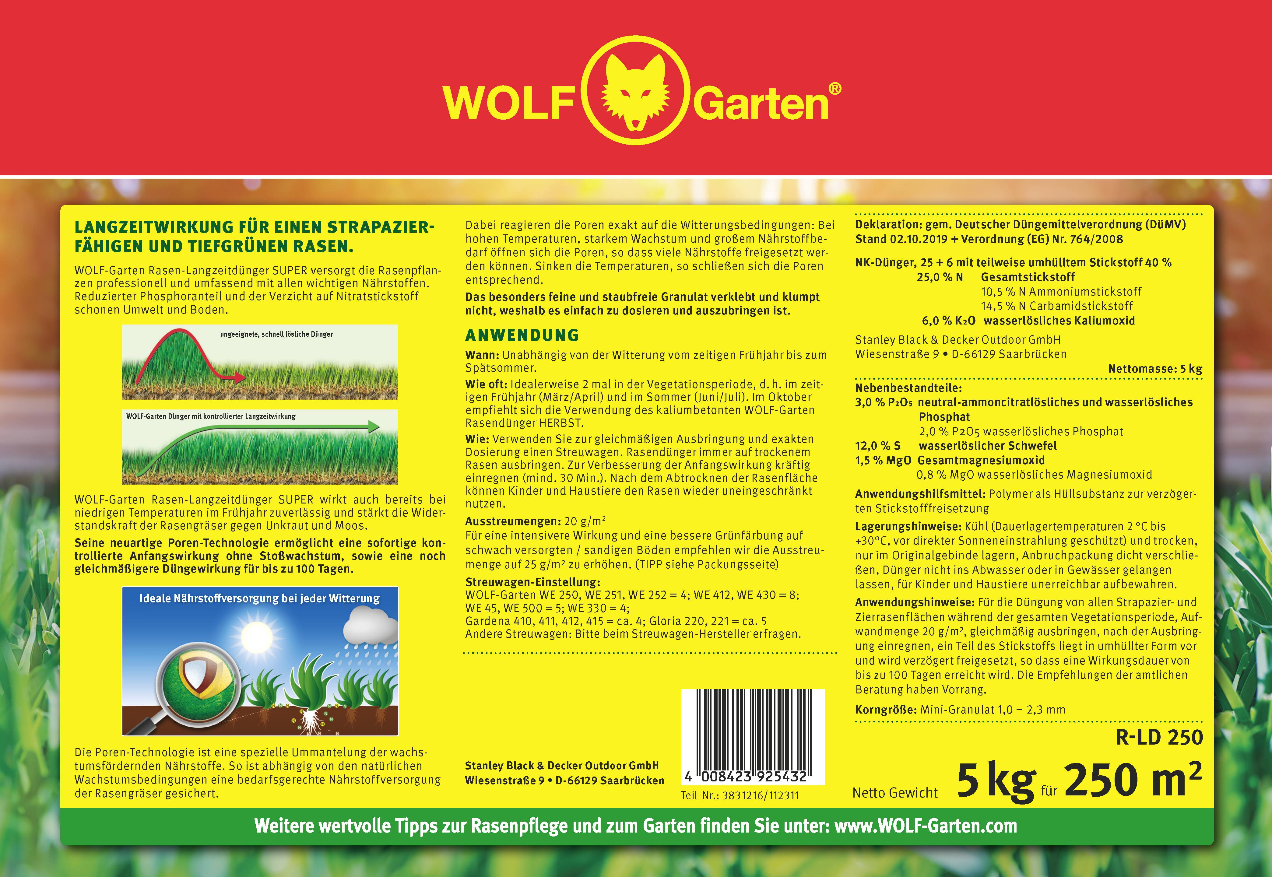 'WOLF Garten' Verpackung. Produktdetails für Rasendünger: Langzeitwirkung, 5 kg für 250 m². Anwendungshinweise und Inhaltsstoffe enthalten.