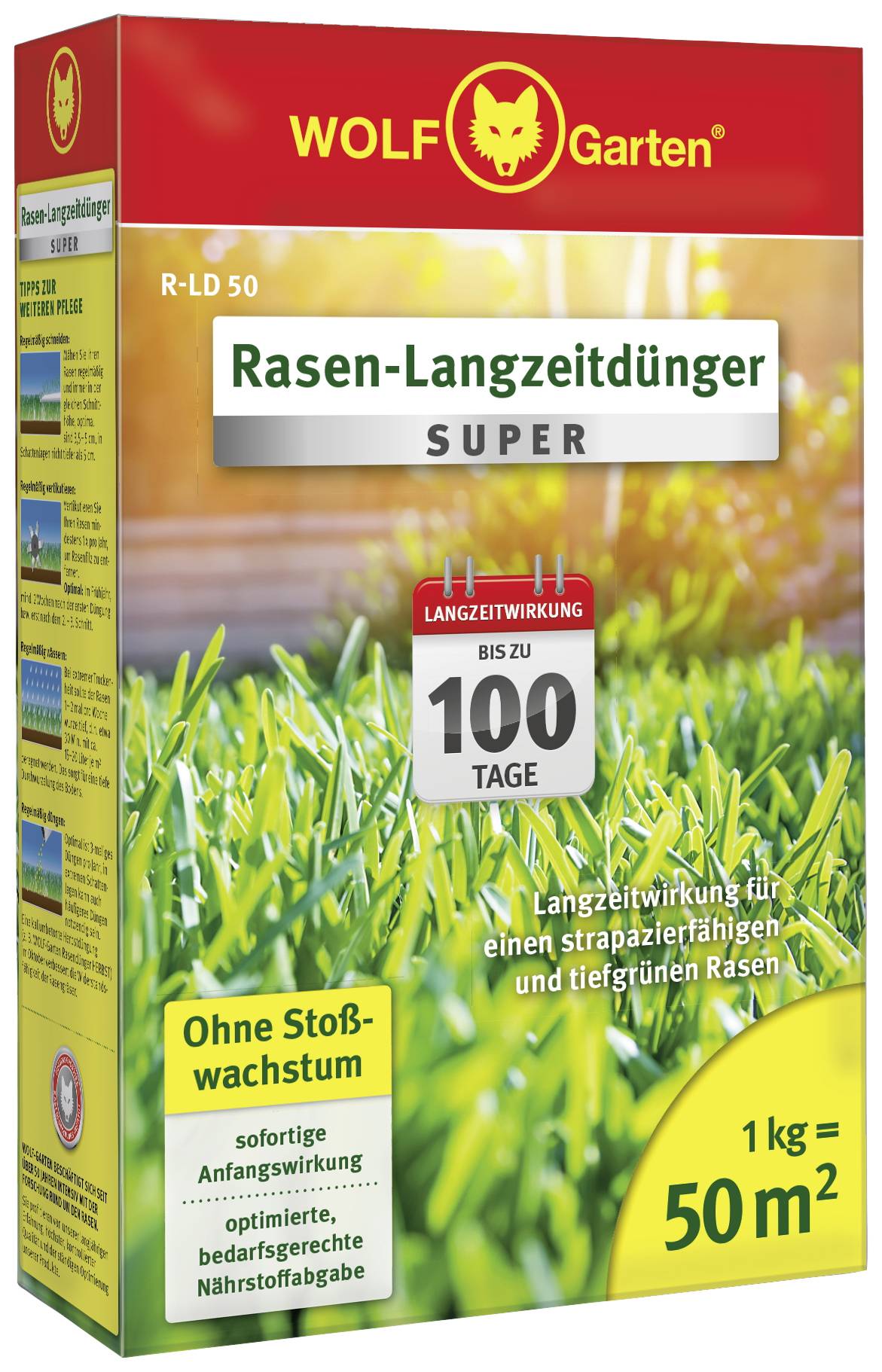 'Rasen-Langzeitdünger SUPER' Verpackung zeigt grünen Rasen. Verspricht bis zu 100 Tage Langzeitwirkung für strapazierfähigen Rasen.