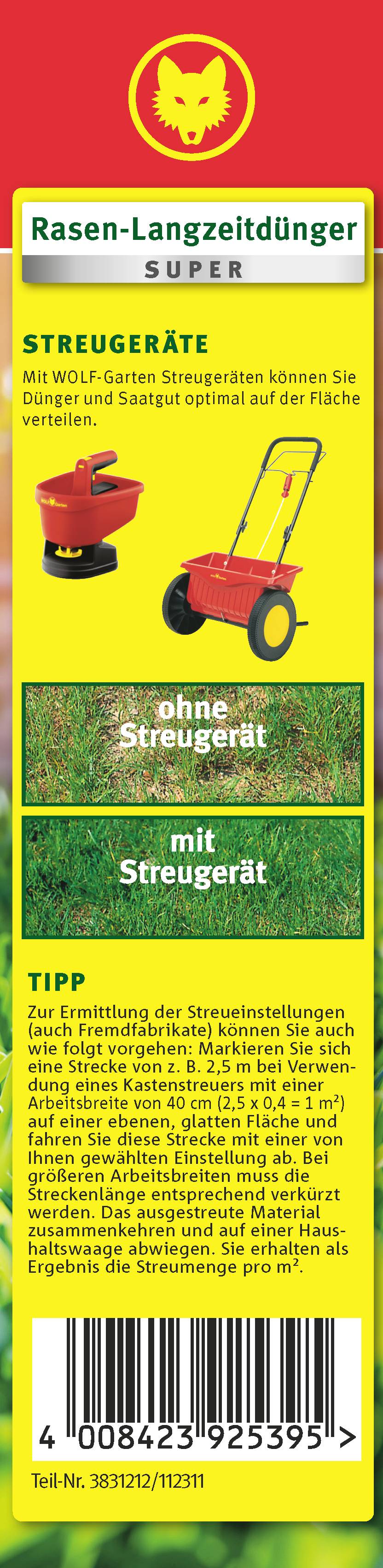 'Rasen-Langzeitdünger SUPER' Verpackung. Oben: Produktname und Logo. Mitte: Bilder von zwei Streugeräten, mit und ohne Gerät. Unten: Anwendungstipp.