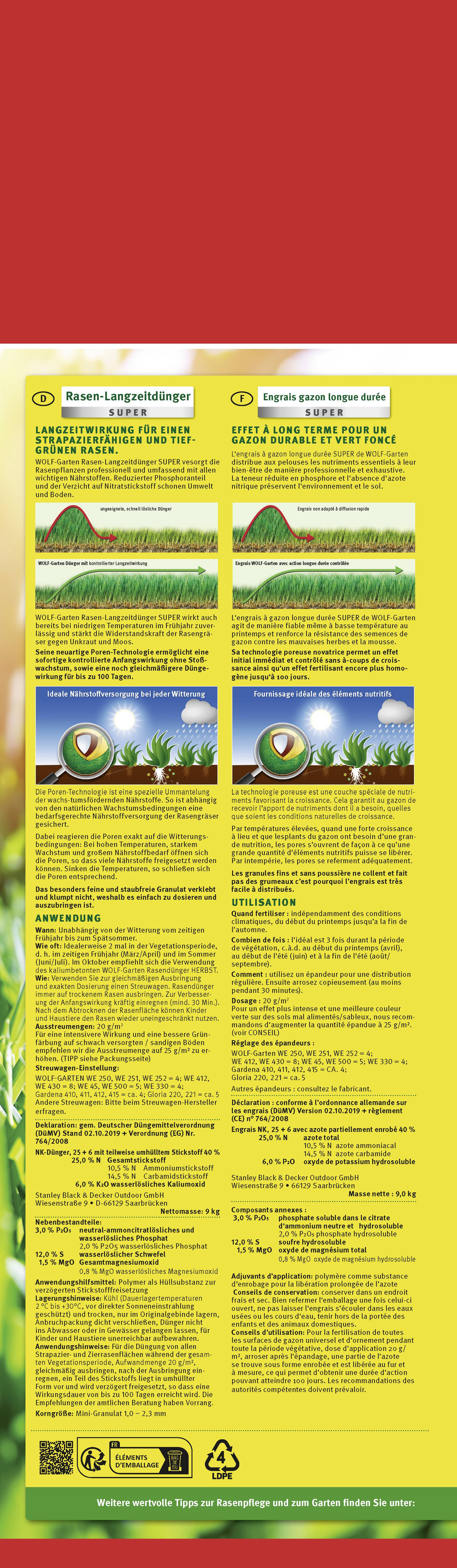 Ein gelbes Produktetikett mit Anweisungen zur Verwendung, Sicherheitshinweisen und Kontaktinformationen. Verpackung ist recycelbar.
