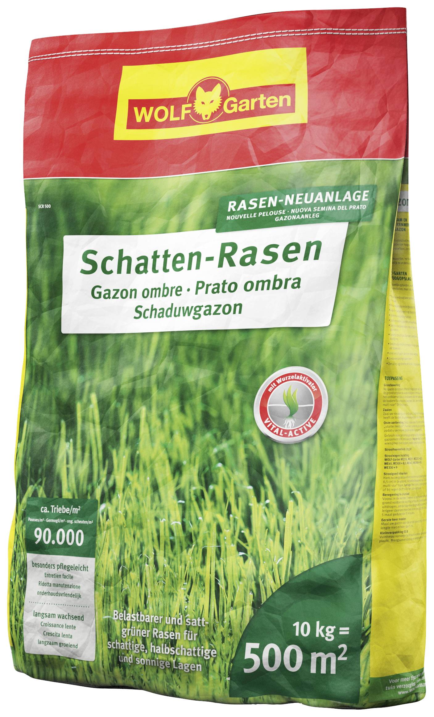 Eine gelbe Packung Rasensamen der Marke WOLF-Garten für Schattenbereiche. Inhalt: 10 kg, ausreichend für 500 m² Fläche.