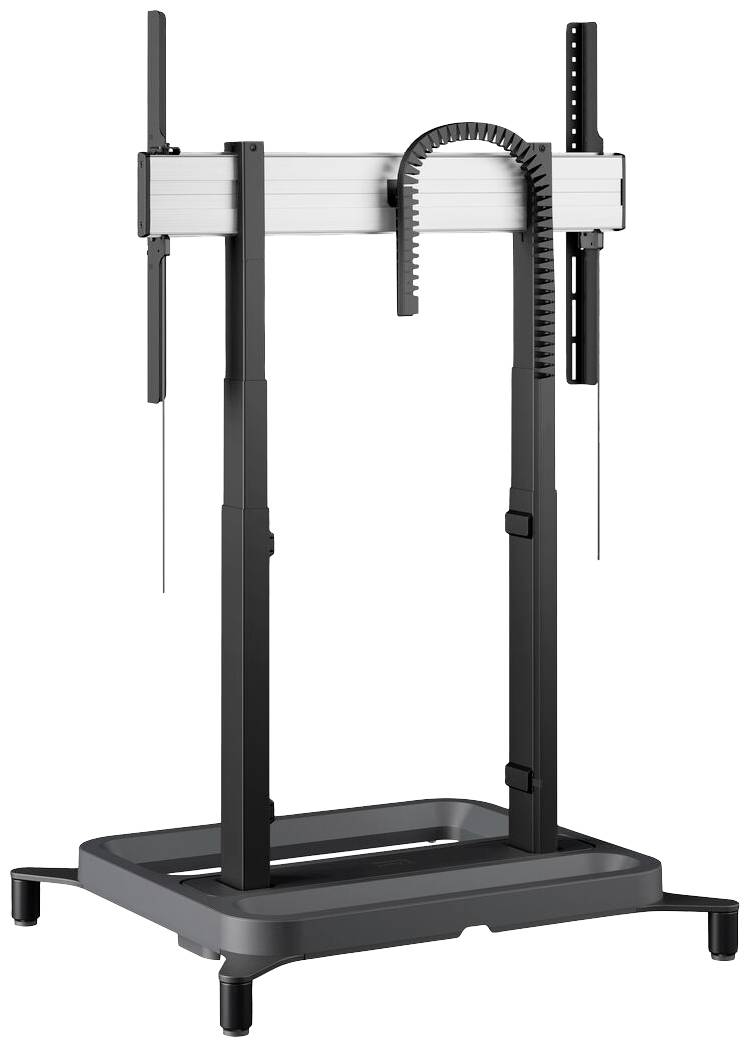 Ein höhenverstellbarer Monitorständer mit schwarzem Gestell und Kabelmanagement-Arm, geeignet für unterschiedliche Bildschirmgrößen.