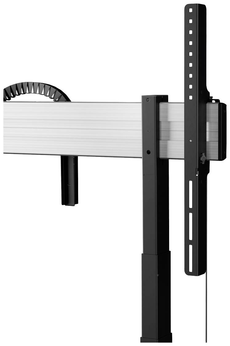 Höhenverstellbarer TV-Halterungsmechanismus in schwarzem und silbernem Design zeigt verschiedene Montagemöglichkeiten.