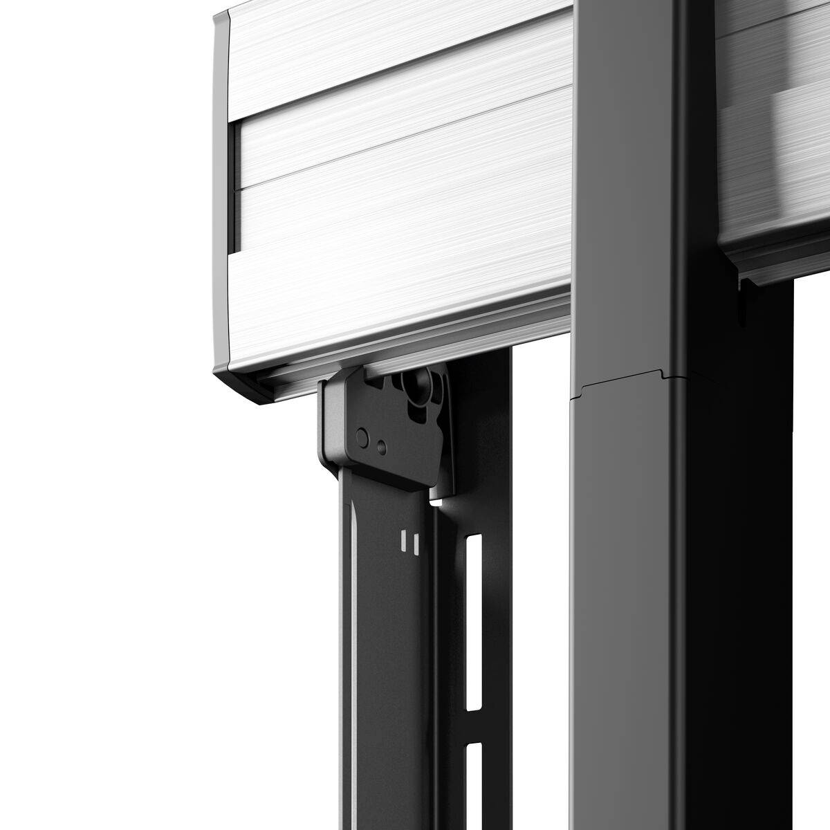 Profilansicht eines silbernen, vertikalen Rollladensystems mit einem stabilen, schwarzen Rahmengestell in modernem Design.