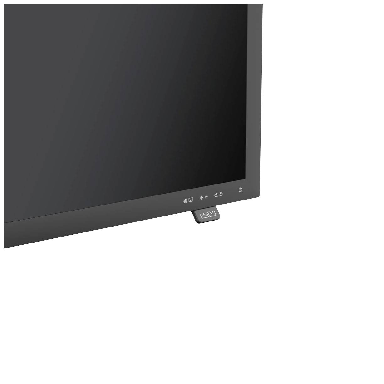 Ein schwarzer Computermonitor mit grauem Rahmen, abgeschaltet, zeigt einen dunklen Bildschirm. Im unteren Bereich sind einige Tasten sichtbar.