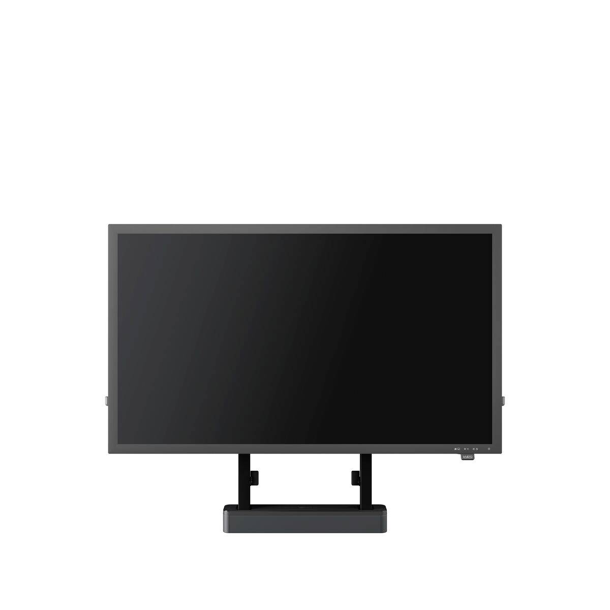 Schwarzer Computerbildschirm mit rechteckigem Standfuß, neutraler Hintergrund.