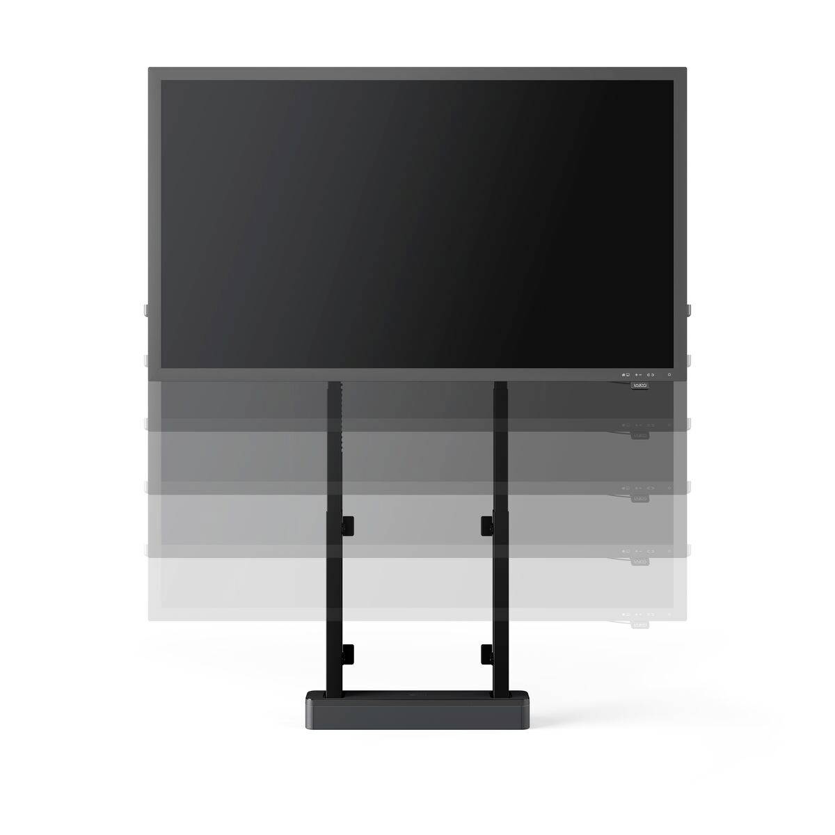 Ein Fernseher auf einem höhenverstellbaren Ständer, dargestellt mit verschiedenen Höhenstufen zur Veranschaulichung der Flexibilität.