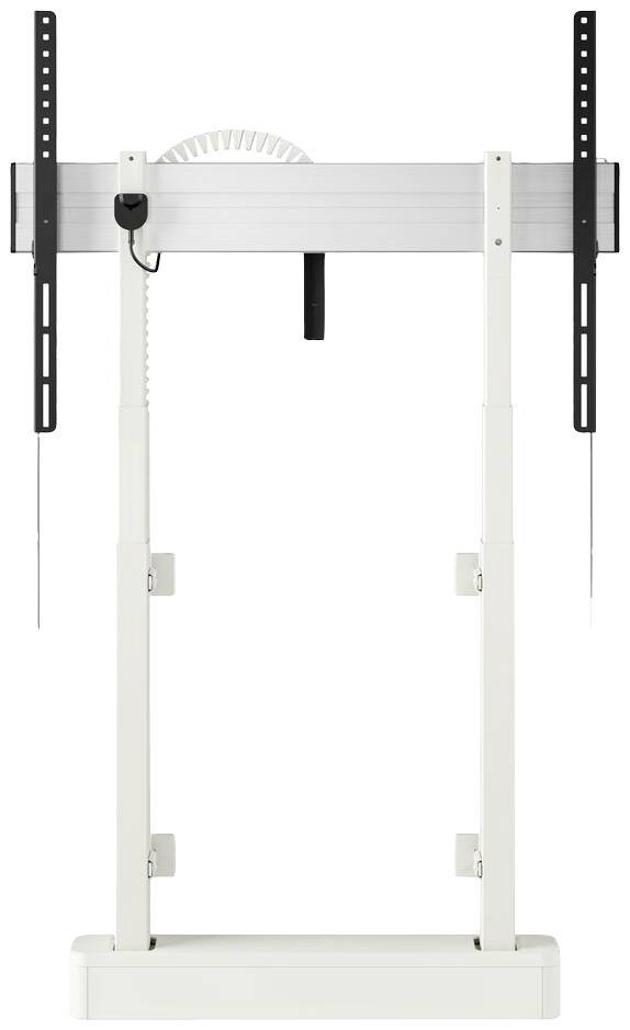 Höhenverstellbarer Monitor- oder TV-Halter, weiß, mit manuellem Mechanismus zur Anpassung der Bildschirmhöhe.