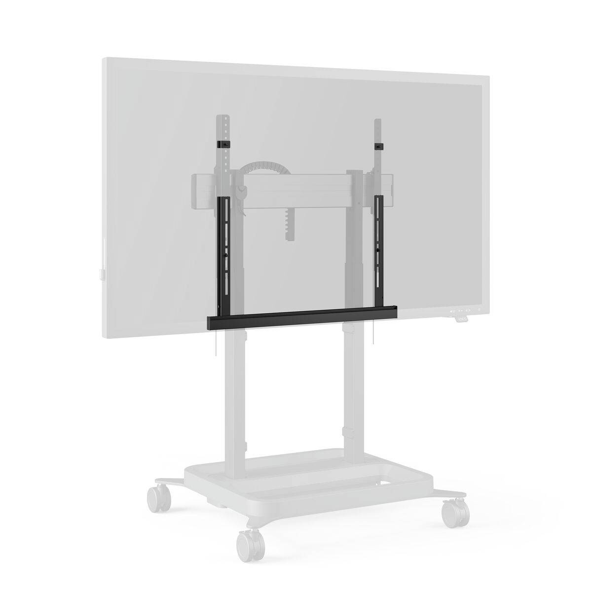 Ein beweglicher Monitorständer mit Rädern und höhenverstellbarer Halterung, geeignet für große Displays. Keine Monitoranzeige enthalten.
