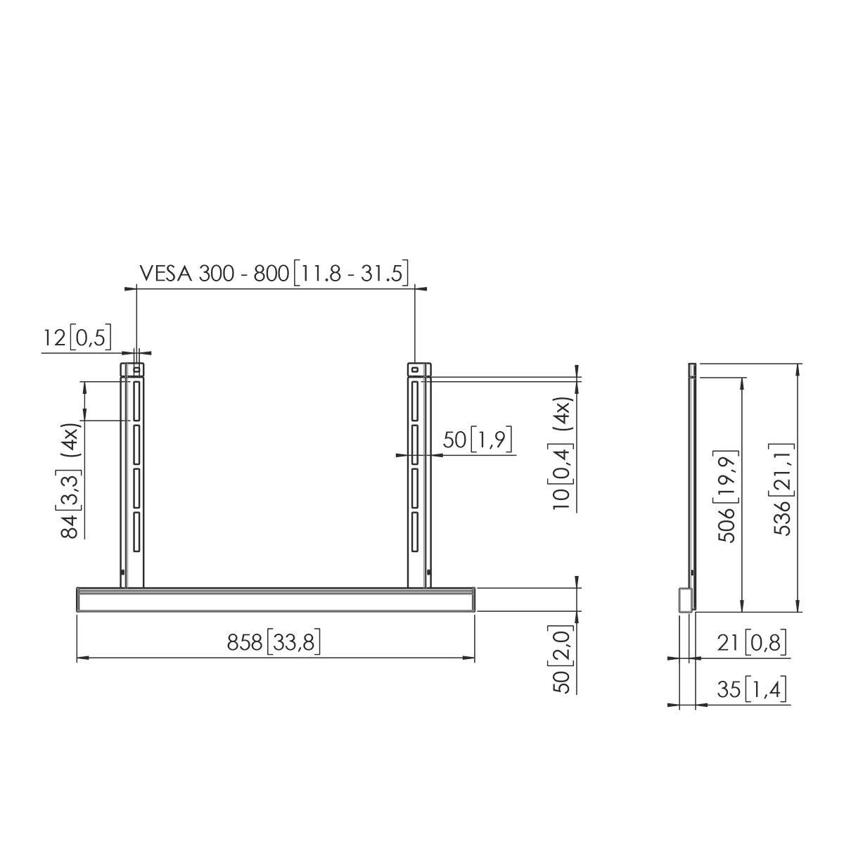 Montageanleitung für Bildschirmhalterung: VESA 300-800, Breite 858 mm, Gesamthöhe 506 mm. Seitliche Ansicht zeigt Tiefe von 35 mm.