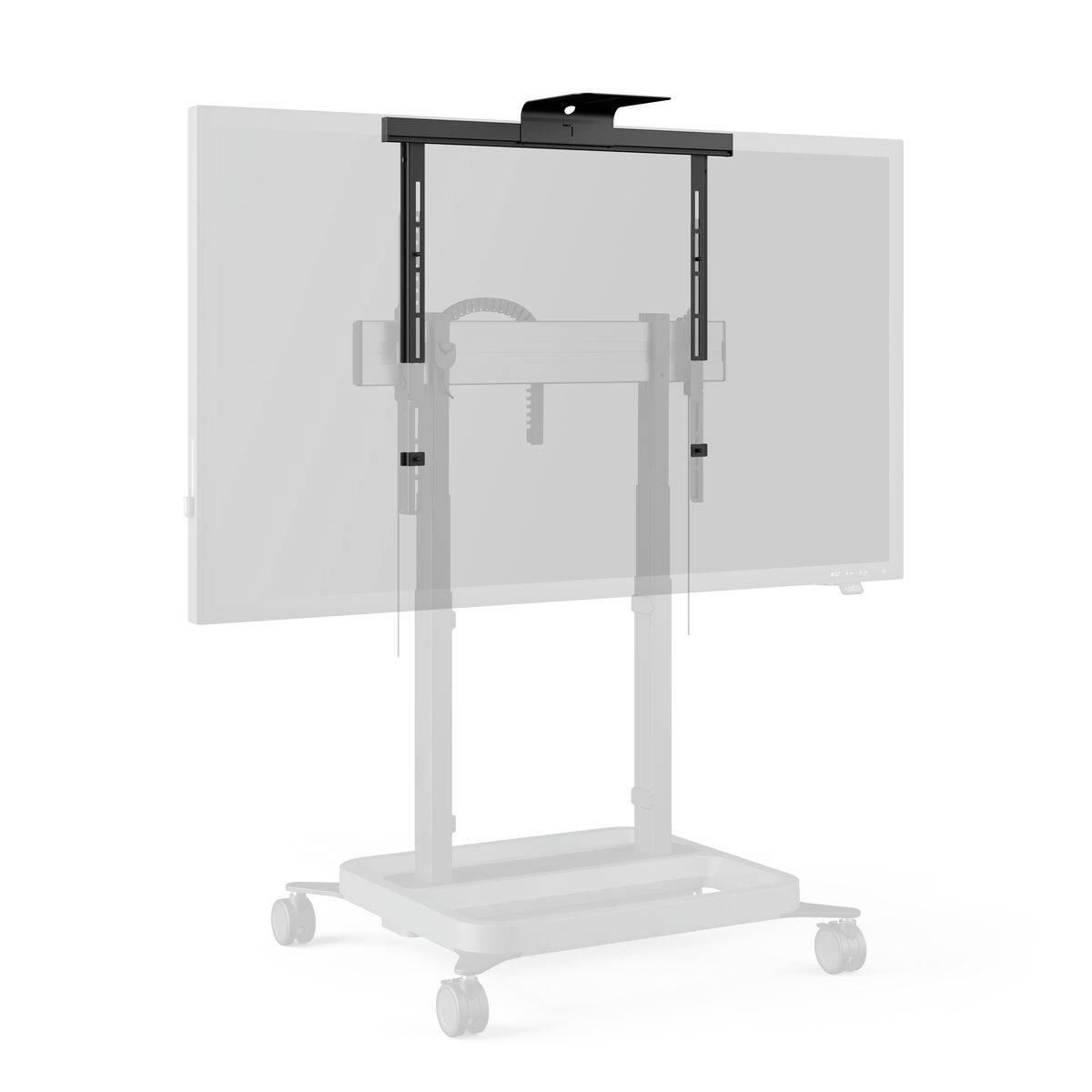 Ein transparenter Fernseher, montiert auf einem Rollständer, zeigt die Rückseite einer Halterung; geeignet für Präsentationen.