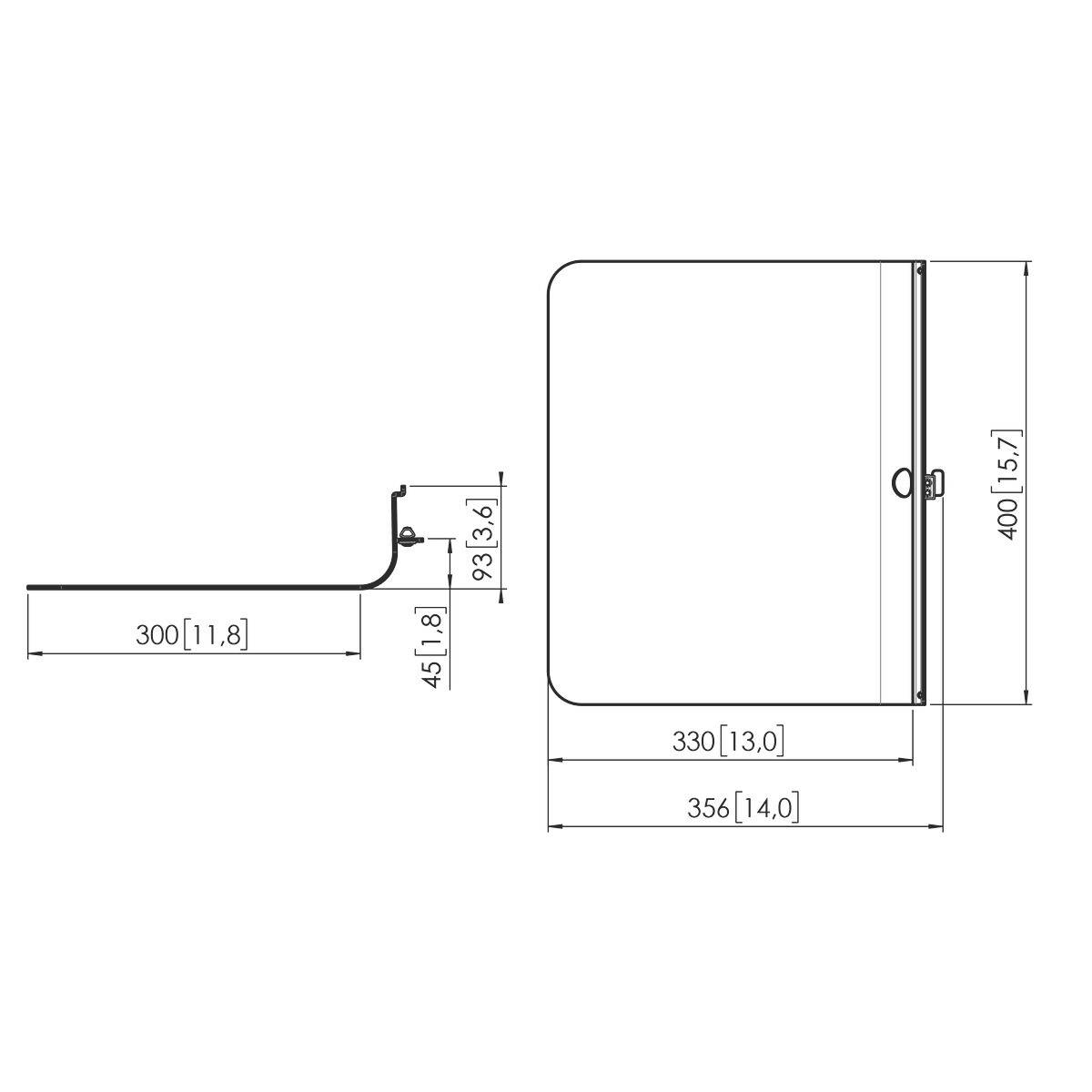 Technische Zeichnung eines Regals mit Bemaßungen: Breite 400 mm, Tiefe 356 mm, Höhe 45 mm. Seiten- und Frontalansicht gezeigt.