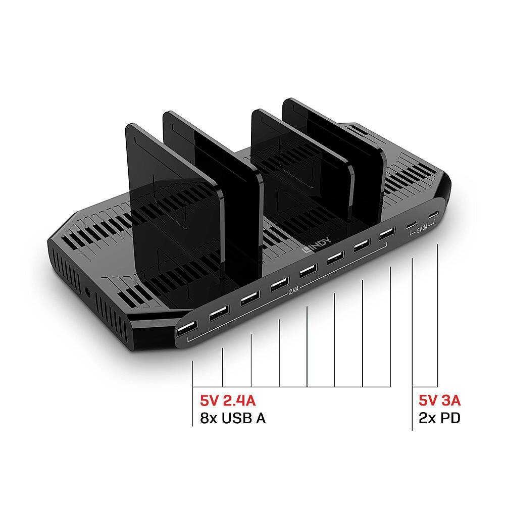 Schwarzes Ladegerät mit 8 USB-A-Ports und 2 PD-Anschlüssen. Beschriftungen zeigen Stromstärken: 5V 2.4A für USB, 5V 3A für PD.