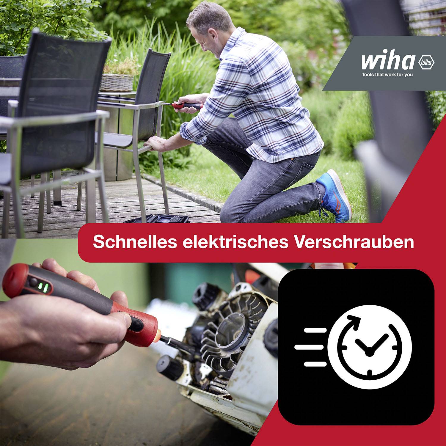 Ein Mann repariert einen Gartenstuhl mit einem Elektroschrauber. Text: 'Schnelles elektrisches Verschrauben'.