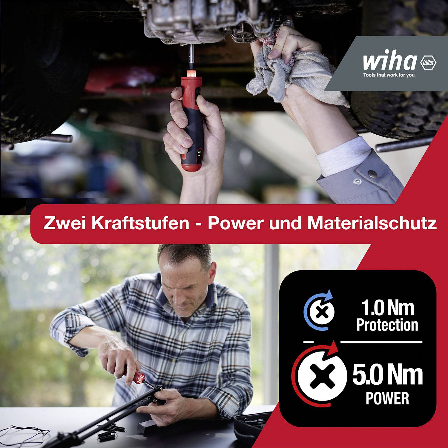 Ein Mann stellt ein Elektrowerkzeug ein. Zwei Kraftstufen: 1,0 Nm (Protection) und 5,0 Nm (Power).