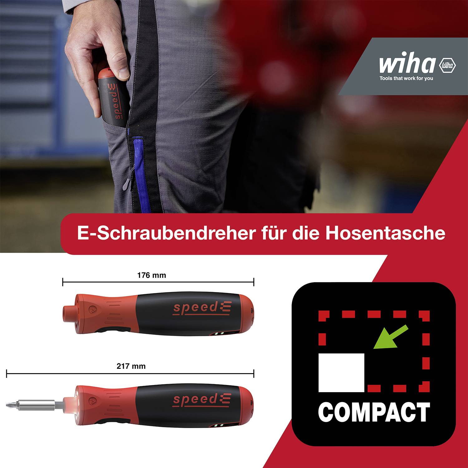 Mann hält E-Schraubendreher, der sich in Taschenformat zusammenklappen lässt. Text: 'E-Schraubendreher für die Hosentasche'.