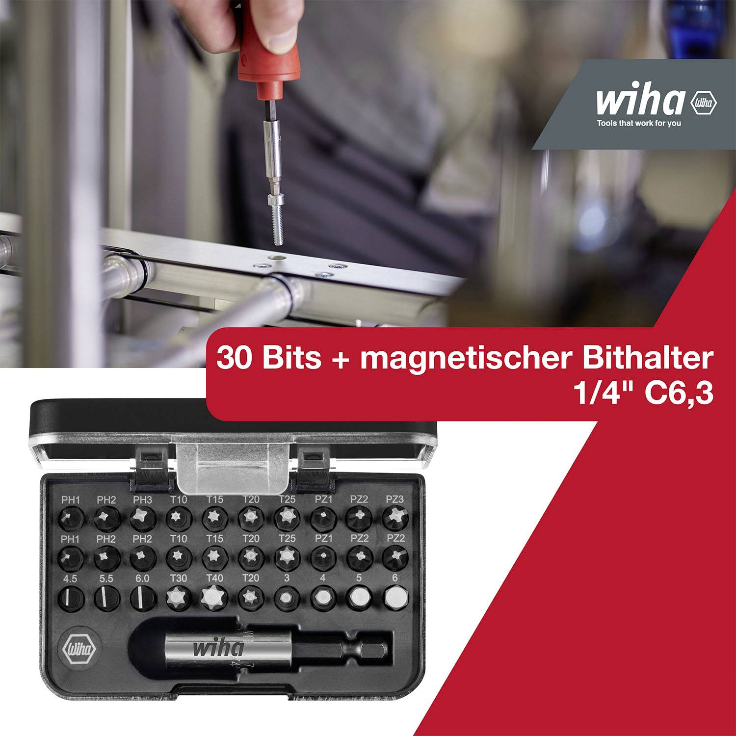 'Wiha' Bit-Set, 30 Bits mit magnetischem Bithalter, 1/4