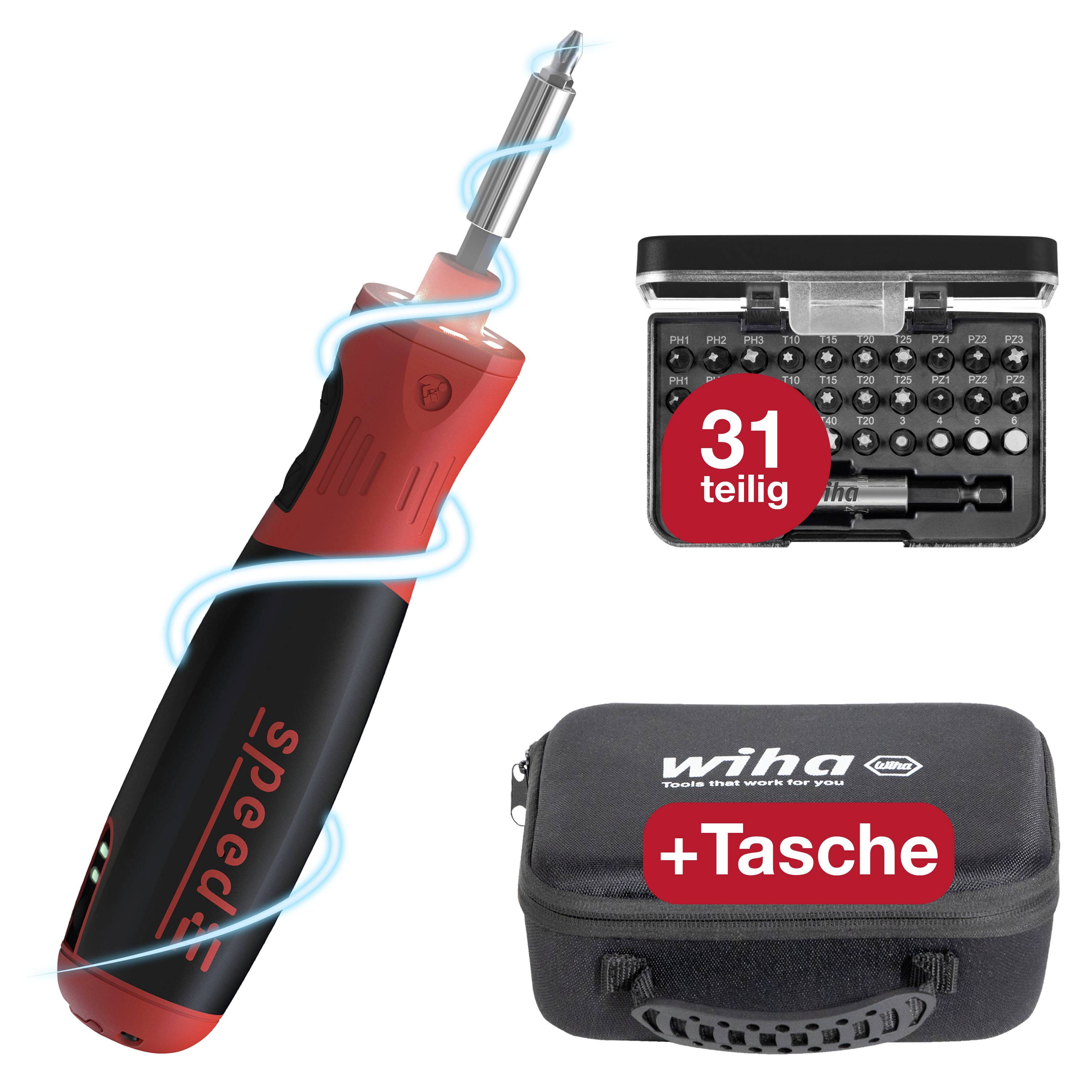 Screwdriver-Set von Wiha: 31-teiliges Bitsatz mit Tasche. Hauptschraubendreher in Rot und Schwarz hervorgehoben.