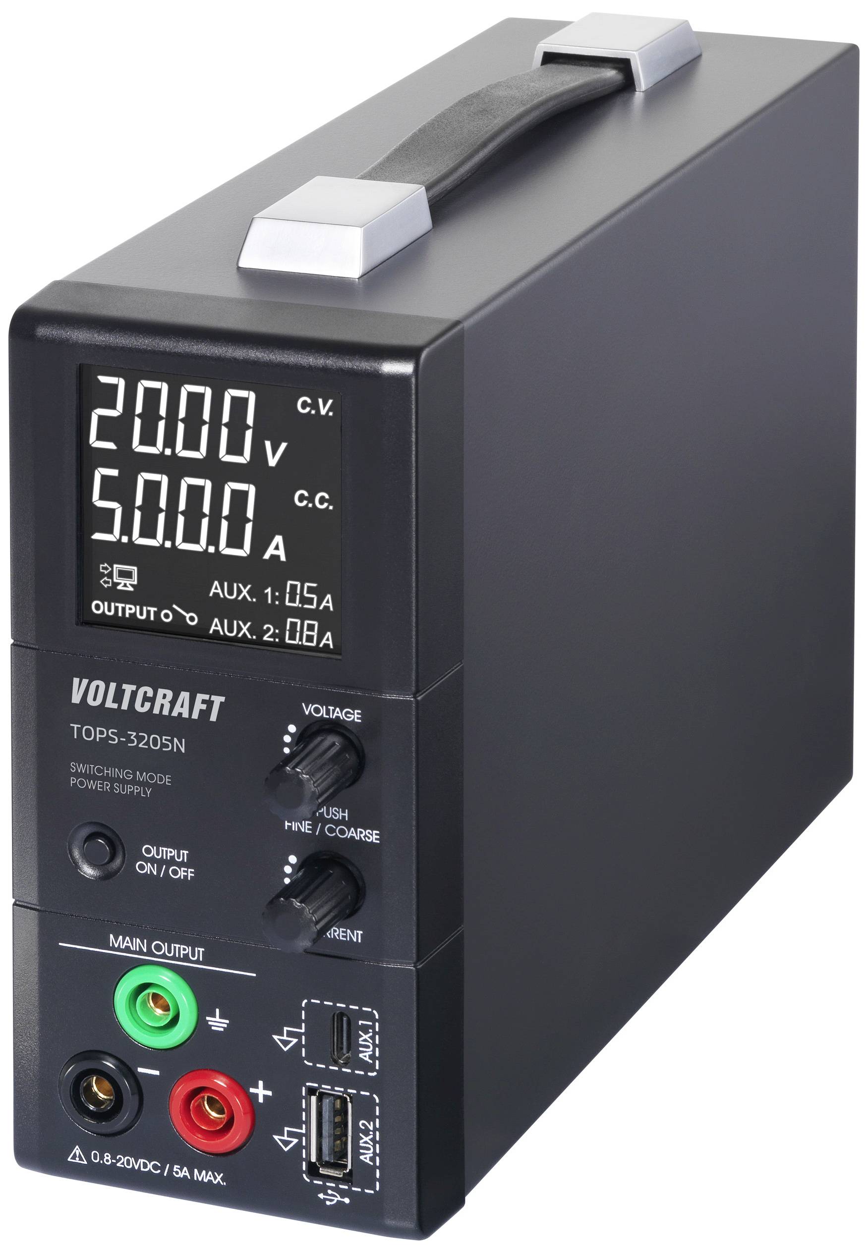 Ein schwarzes Netzteil mit Digitalanzeige zeigt '20,00V' und '5,00A'. Markiert mit 'VOLTCRAFT' und 'TOPS-3205N'. Enthält Anschlüsse und Schalter.