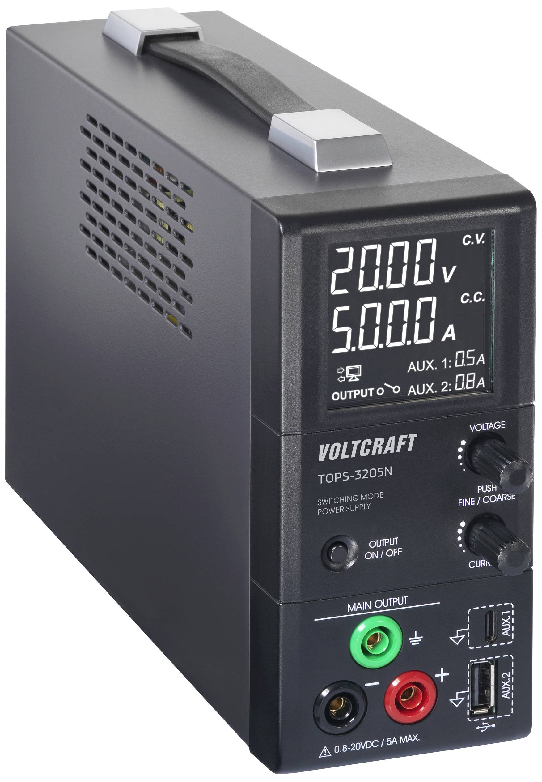 Schwarzes Netzteil mit digitaler Anzeige zeigt '20,00V' und '5,00A'. Seitlicher Knopf, LED-Anzeigen und Anschlüsse auf Vorderseite.