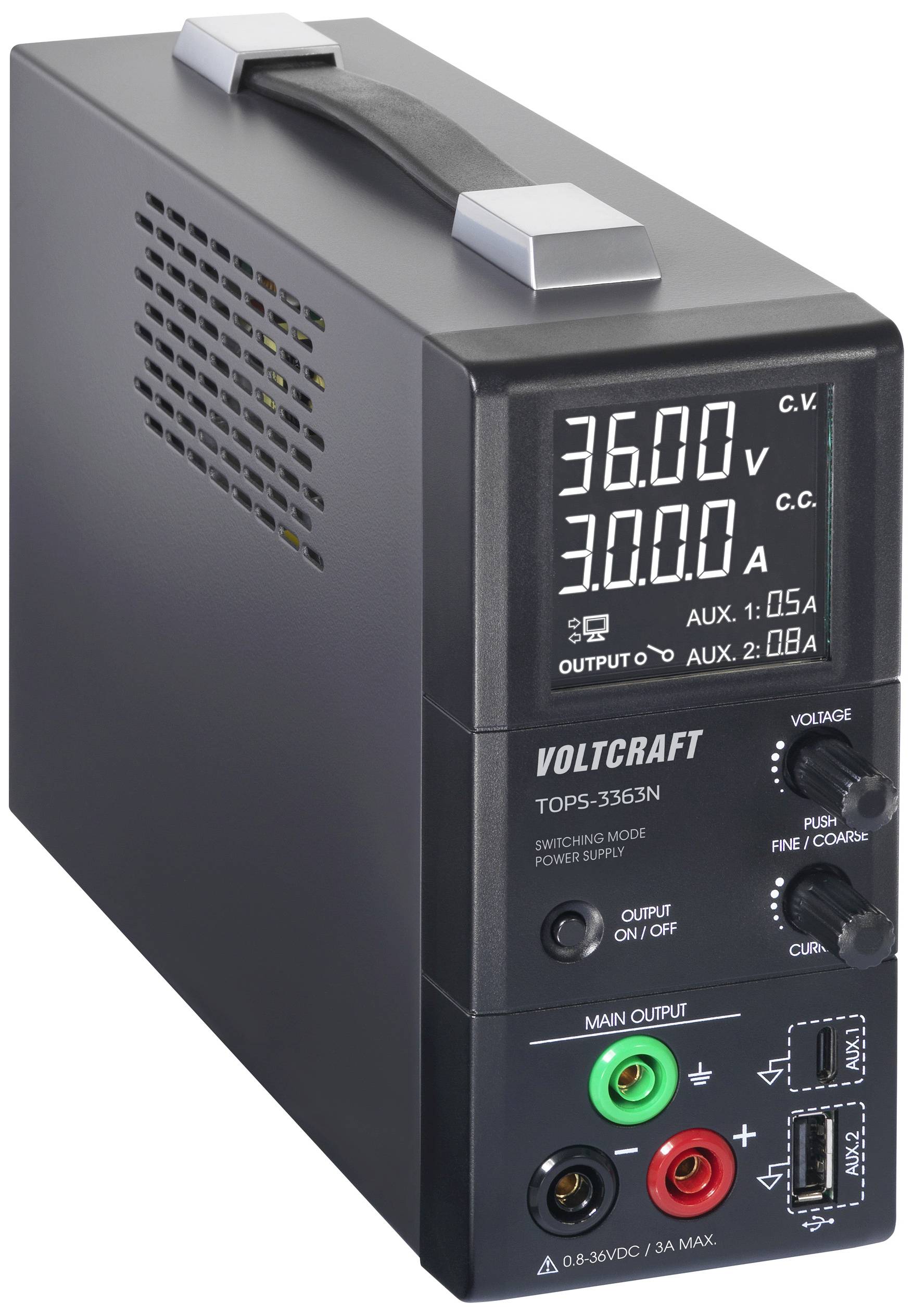 Elektronisches Netzgerät mit Digitalanzeige für Spannung und Stromstärke; Ausgang: 36V, 3A; zusätzliche Ausgänge: 1,05A/2,08A.