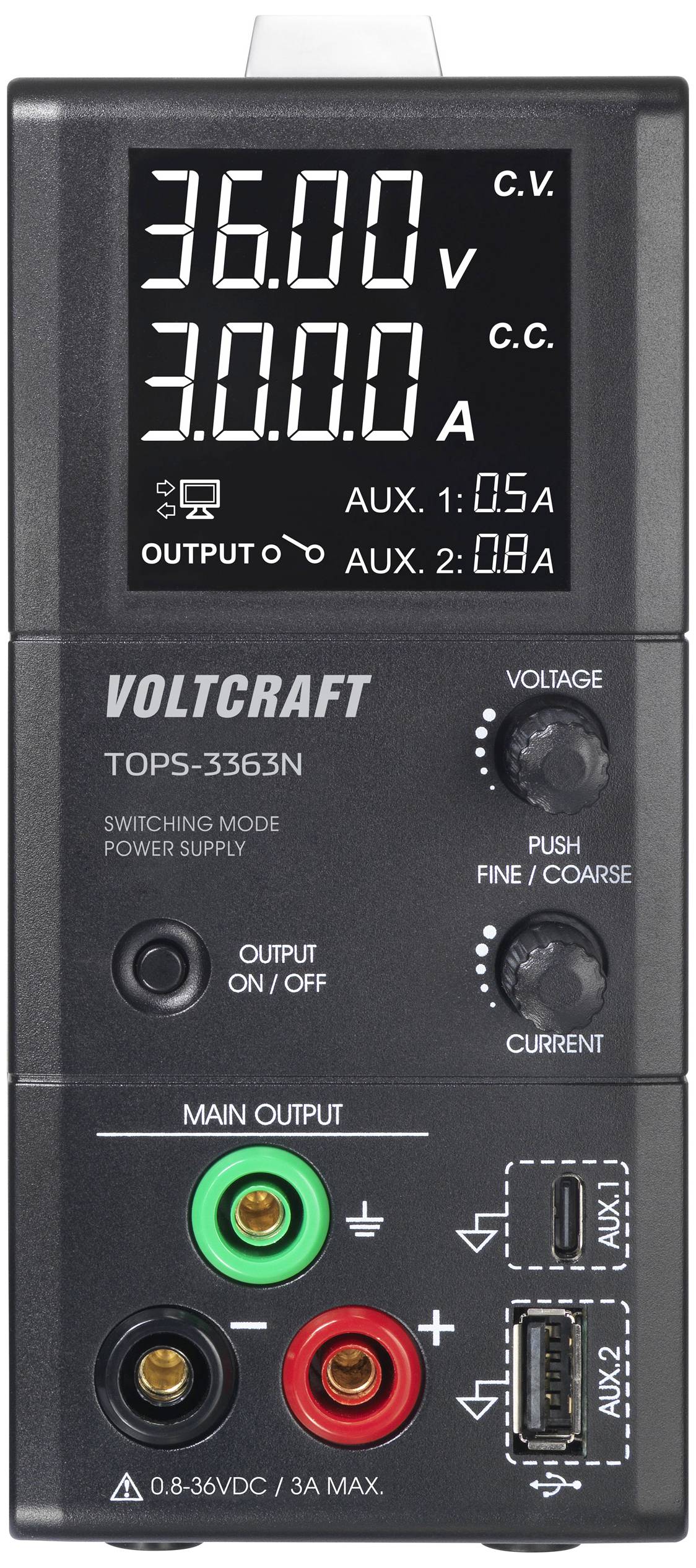 'Schaltnetzteil Voltcraft TOPS-3363N' zeigt digitale Anzeige für Spannung und Stromstärke. Enthält Haupt- und Aux-Ausgänge.