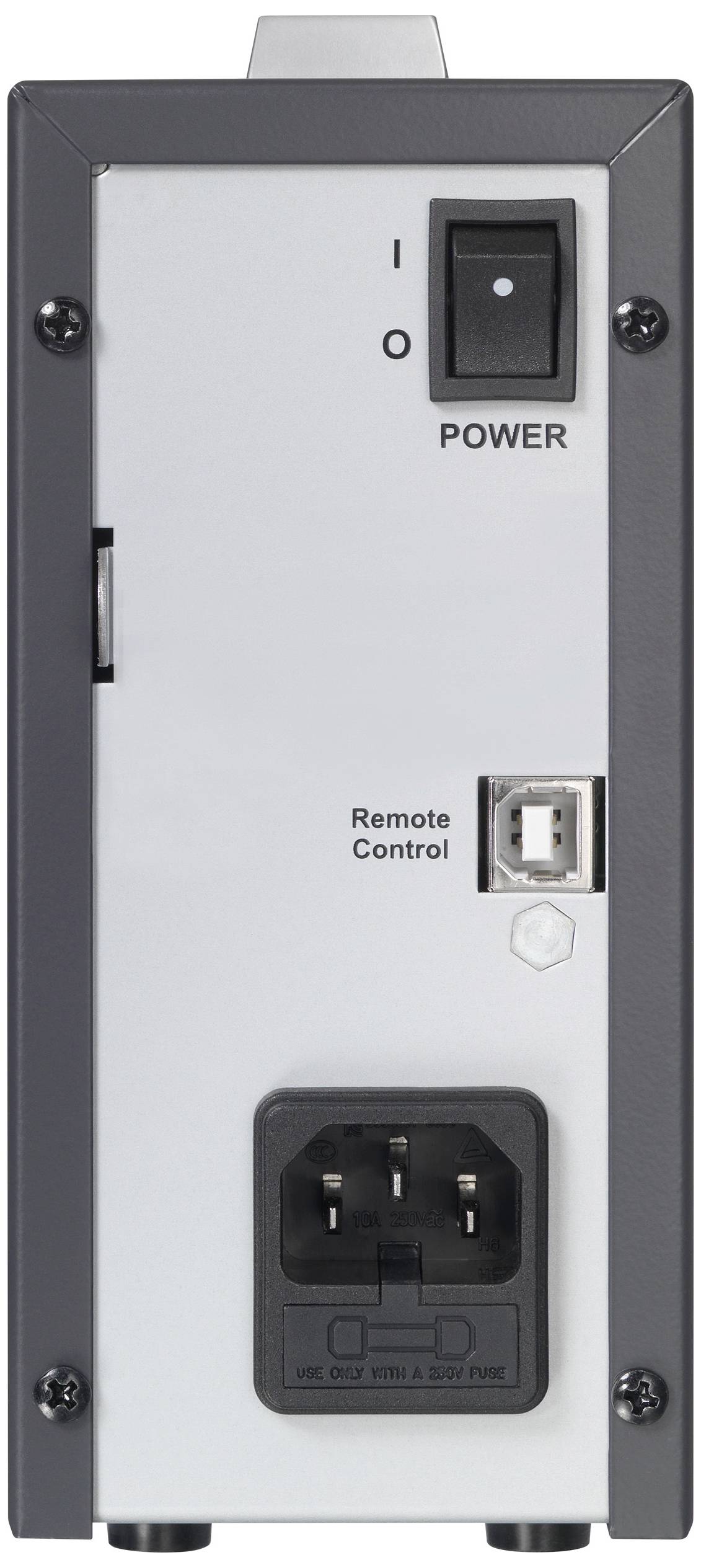 Rückseite eines elektronischen Geräts mit Netzschalter, USB-Anschluss für Fernsteuerung und Netzsteckeranschluss.
