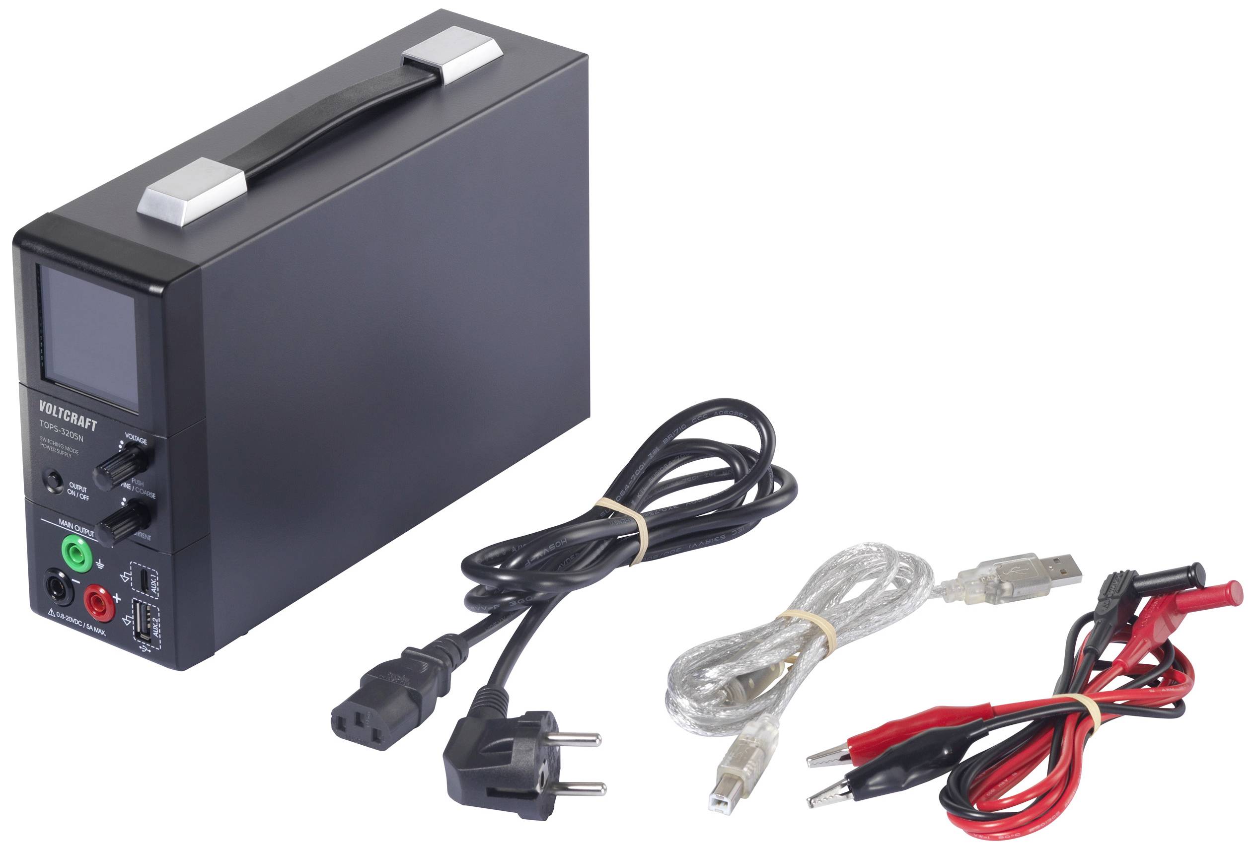 Ein schwarzes Multimeter mit Display. Daneben liegen Netzkabel, USB-Kabel und Messleitungen mit Krokodilklemmen.