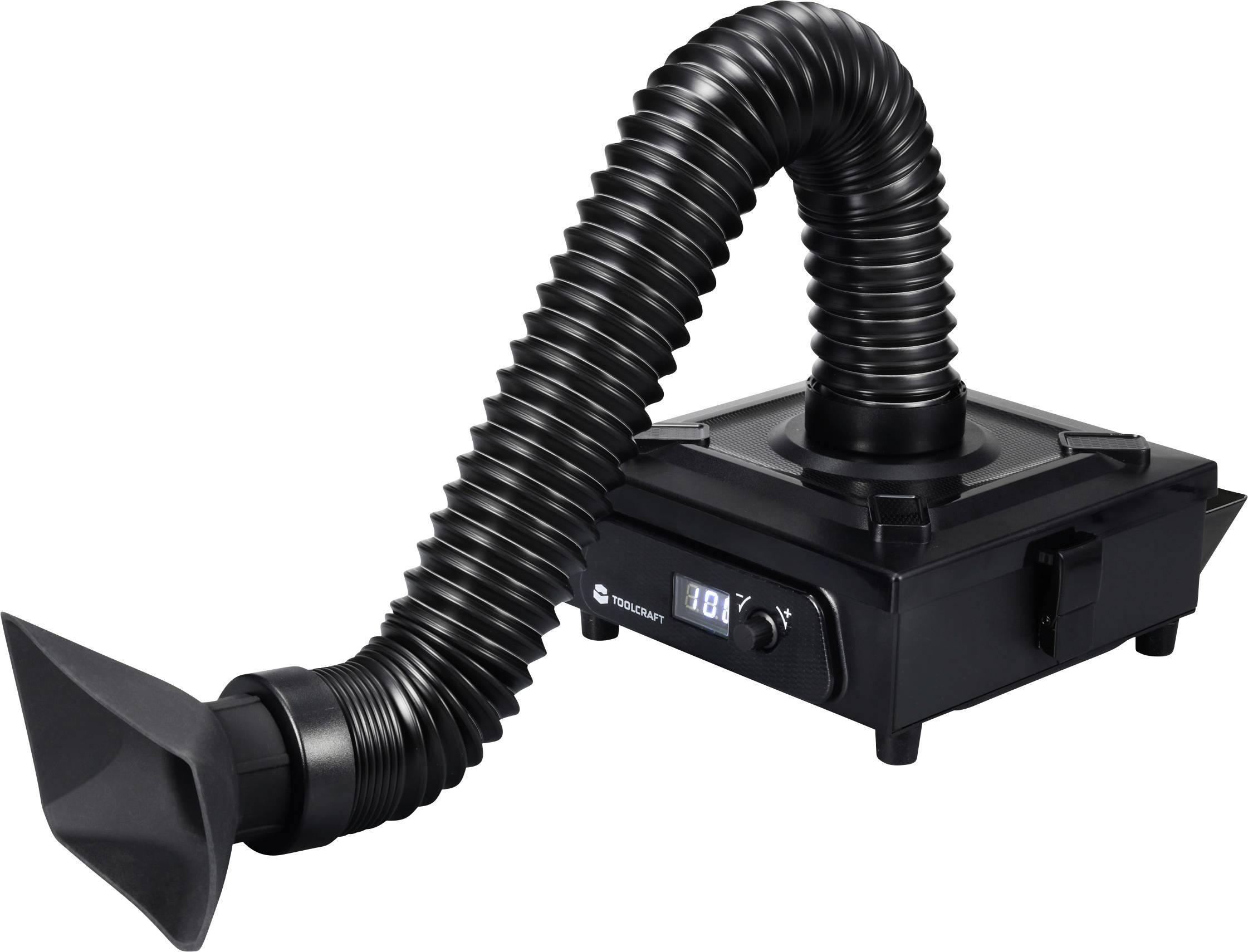 Zentraler Entlüftungsventilator mit flexiblem Schlauch und digitalem Display zur Anzeige der Betriebszustand. Geeignet für industrielle Anwendungen.