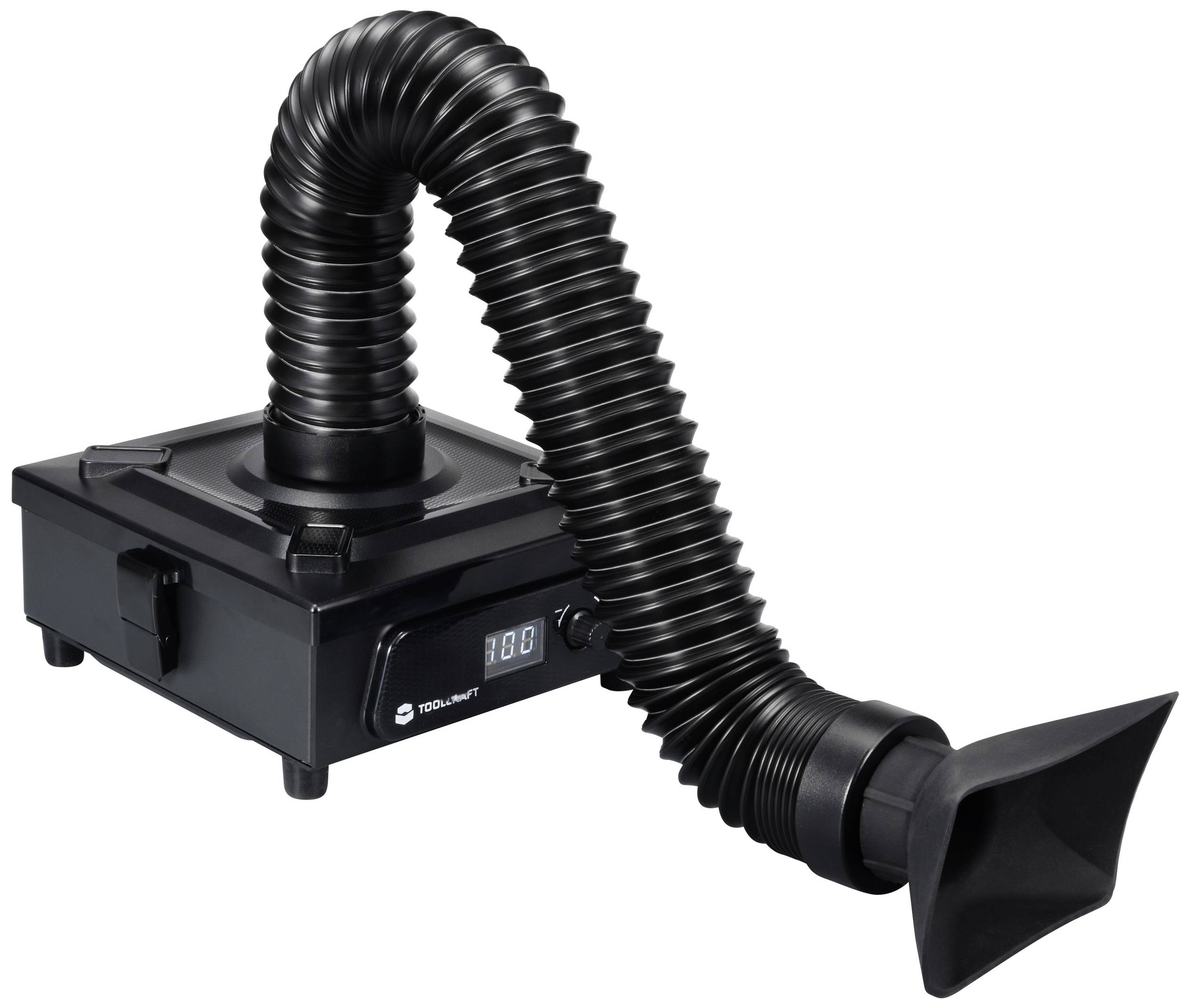 Schwarzer Rauchabzug mit flexiblem Schlauch und digitaler Anzeige, geeignet für die Absaugung von Dämpfen bei Lötarbeiten.