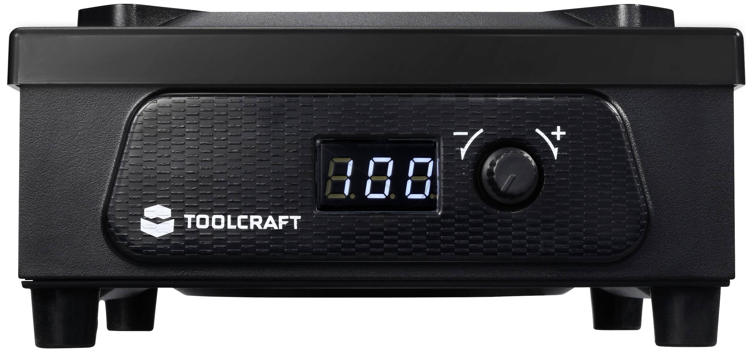 Elektronische Lötstation mit digitalem Display zeigt Temperatur an. Bedienregler und Markenlogo 'TOOLCRAFT' sichtbar.
