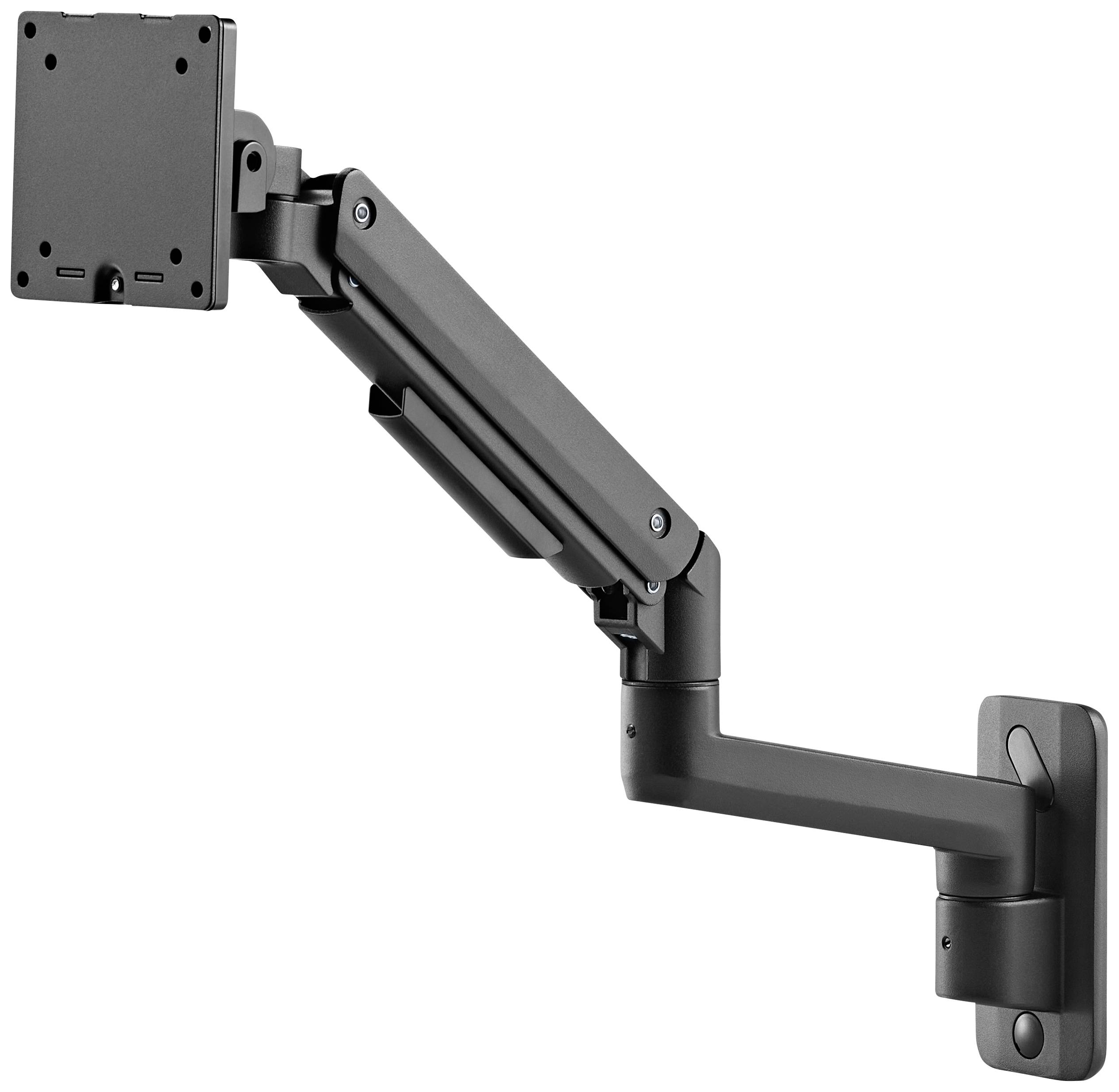 Ein schwarzer, verstellbarer Wandhalterungsarm für Monitore. Er hat ein Gelenkarm-Design mit VESA-Befestigungsplatte oben.
