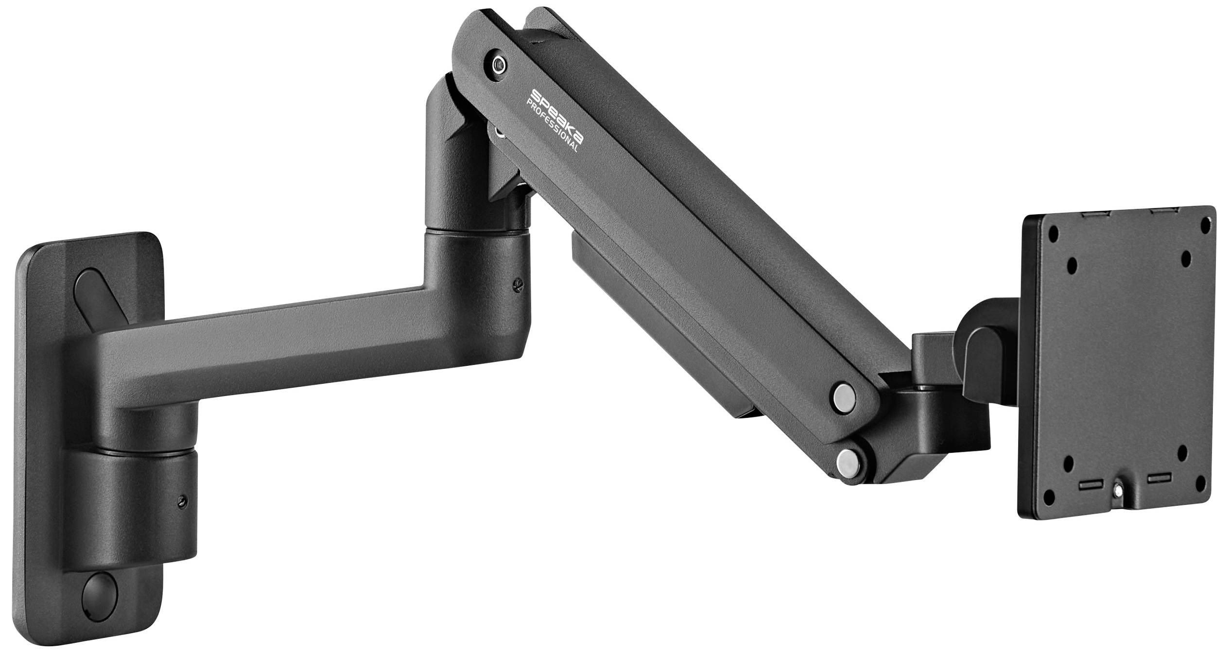Schwarzer Monitorarm mit mehreren Gelenken und Wandbefestigung, ermöglicht flexibles und platzsparendes Ausrichten eines Bildschirms.