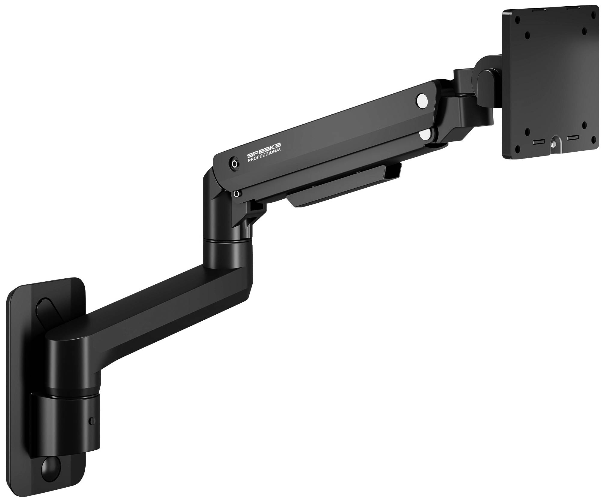 Monitorhalterung mit beweglichem Arm, zur Wandmontage geeignet. Ideal zur flexiblen Positionierung von Displays, unterstützt verschiedene Neigungs- und Schwenkoptionen.