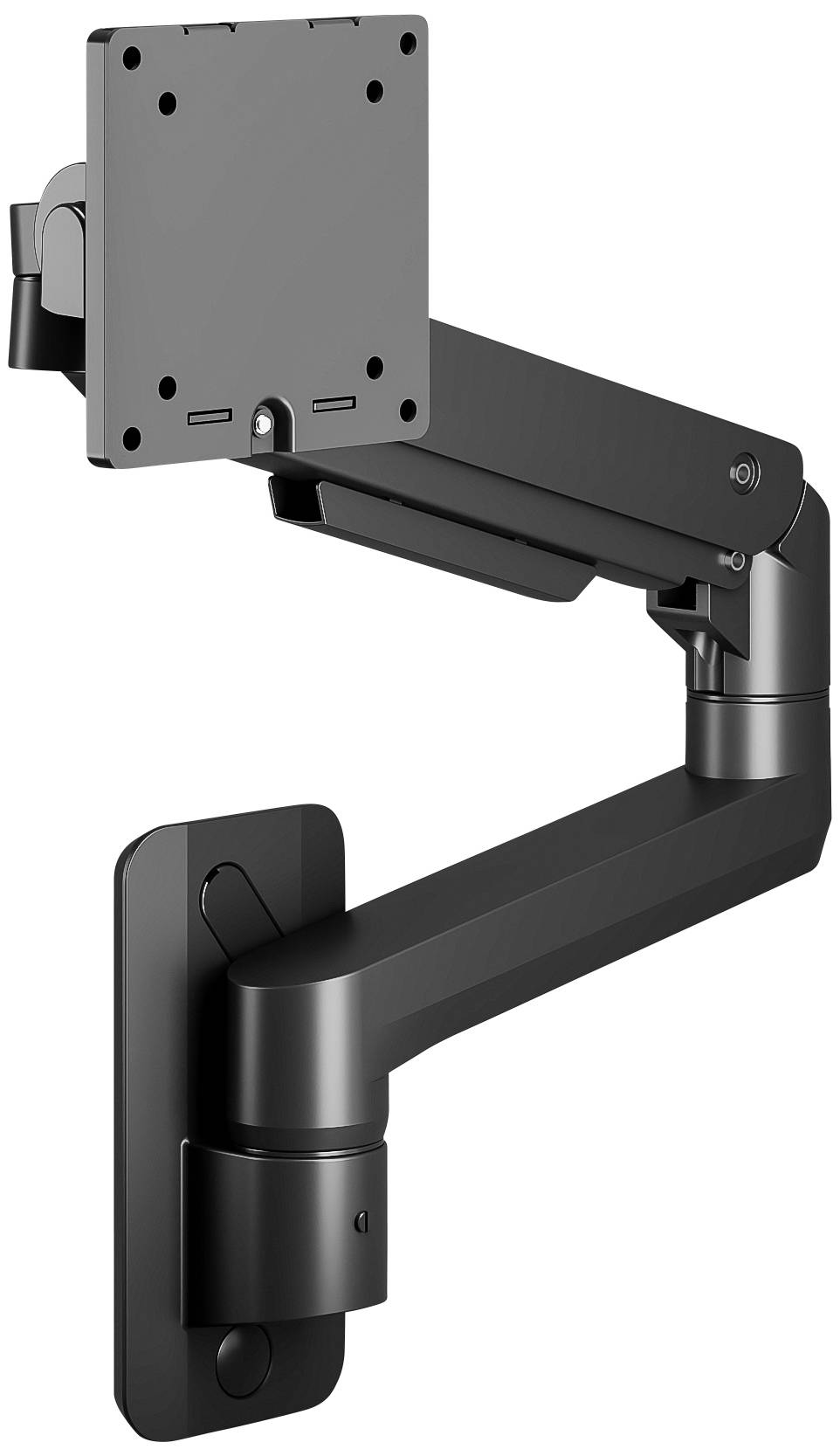 Monitorarm aus Metall, schwarz, mit mehreren Gelenken zur flexiblen Einstellung. Montiert an einer Wandhalterung, ohne Monitor.