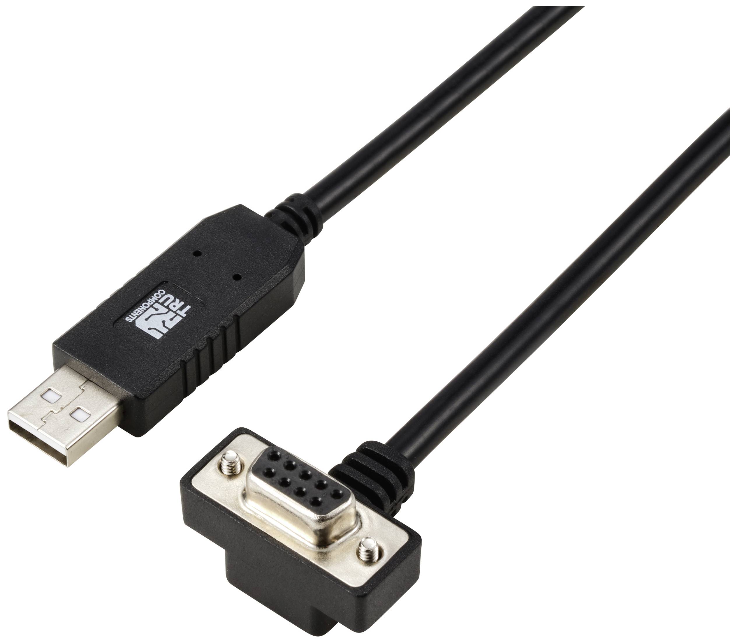 USB-auf-Seriell-Adapterkabel mit USB-Anschluss auf der einen Seite und einem 9-poligen seriellen Anschluss auf der anderen.
