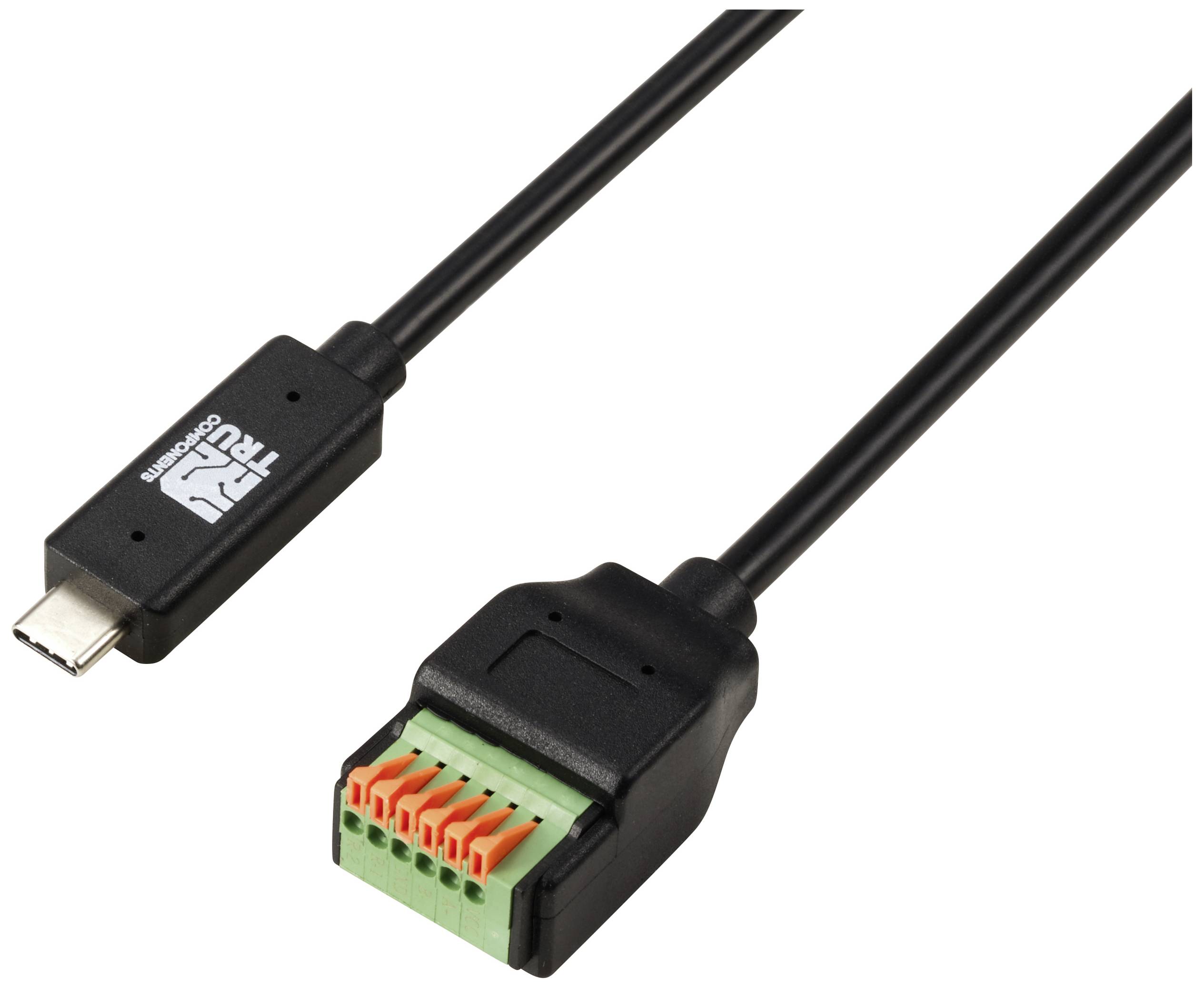'USB-C auf Terminalblock Adapterkabel' zeigt links einen USB-C-Stecker und rechts einen Terminalblock mit farbkodierten Anschlüssen.