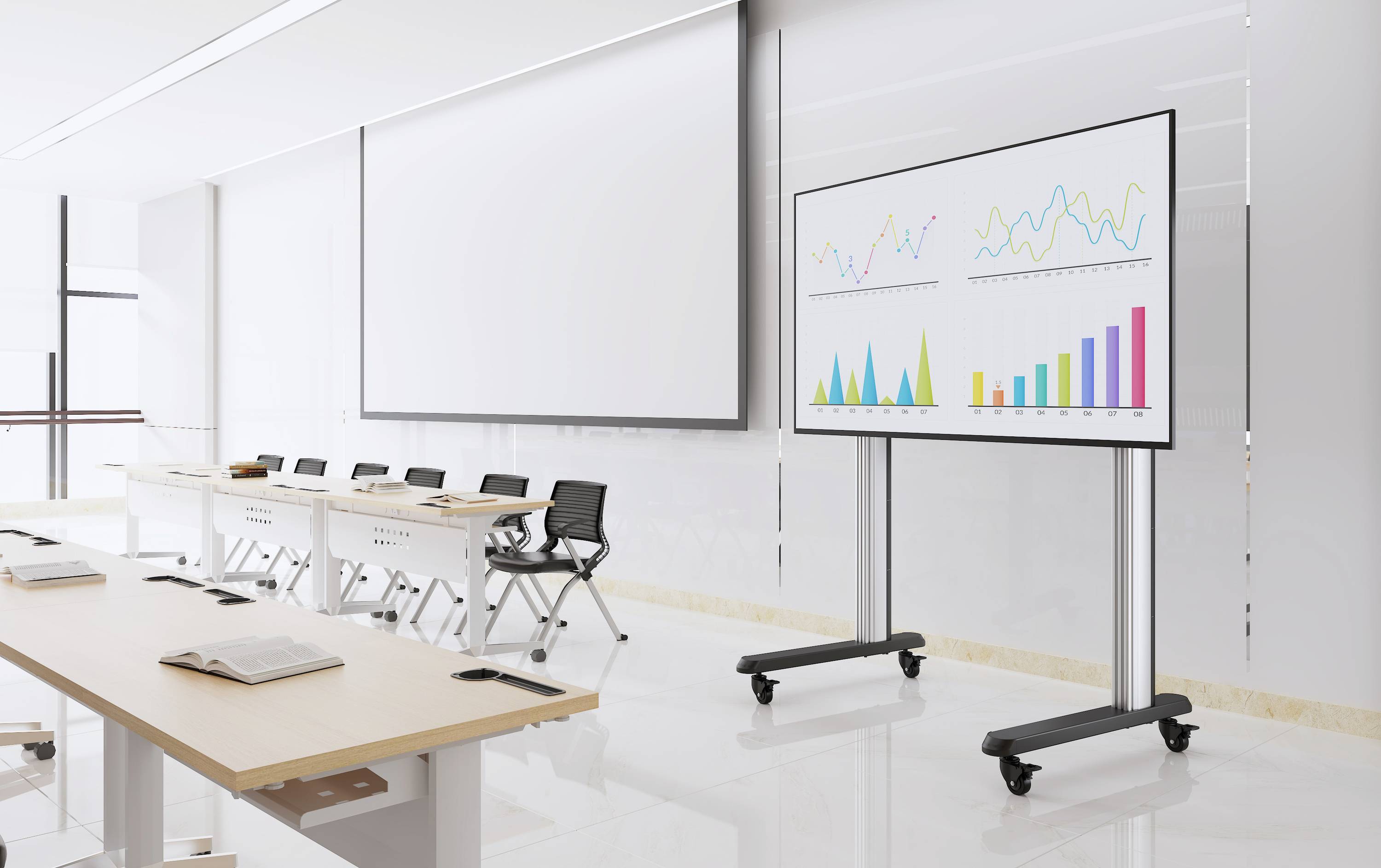 Konferenzraum mit Tisch, Stühlen und einem Monitor, der Diagramme mit aufsteigenden Balken und Linien zeigt. Hintergrund ist ein Projektionsleinwand.