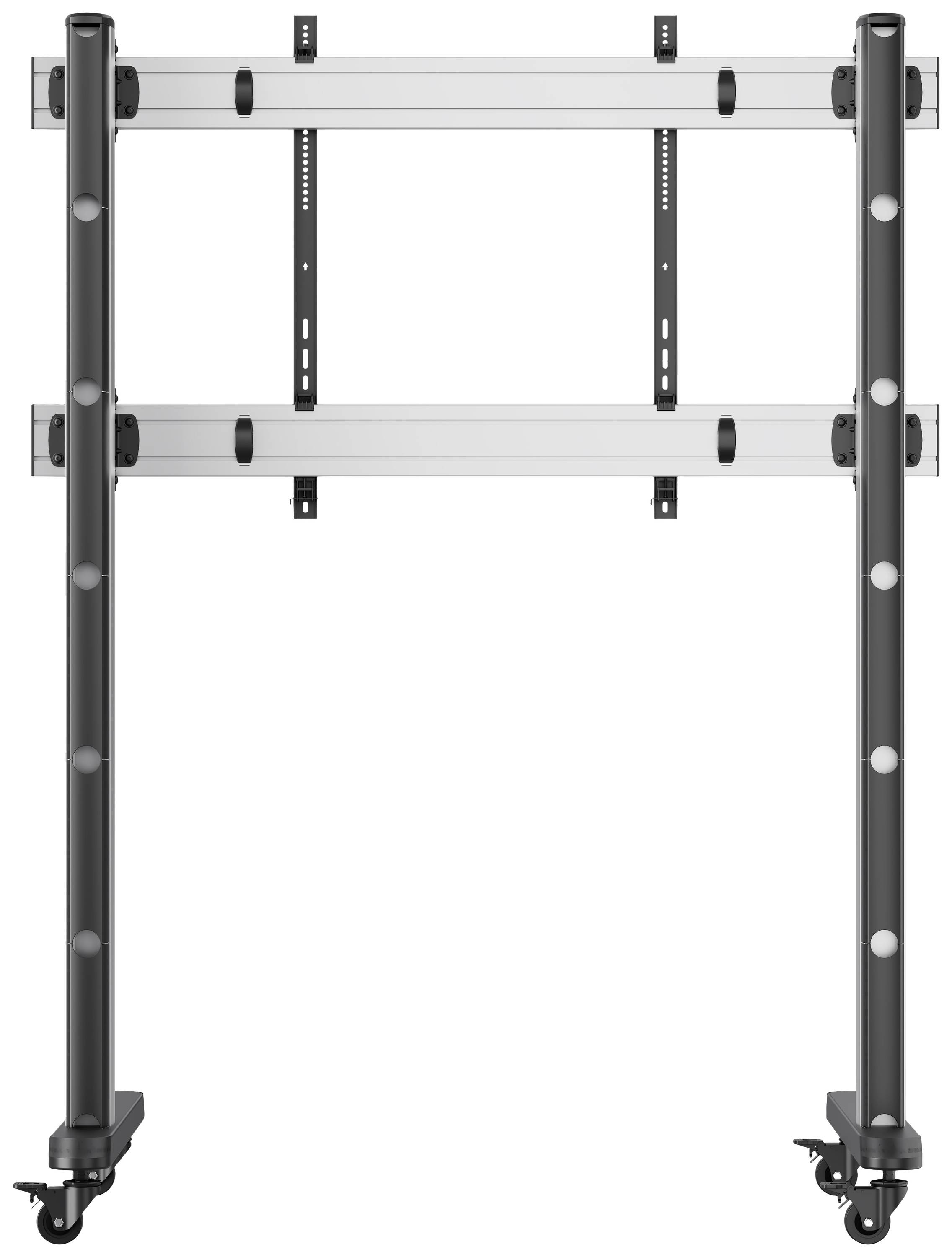 Mobiler TV-Standfuß mit Rollen, verstellbarer Halterung und stabiler Konstruktion. Ideal für Präsentationen oder Büros.