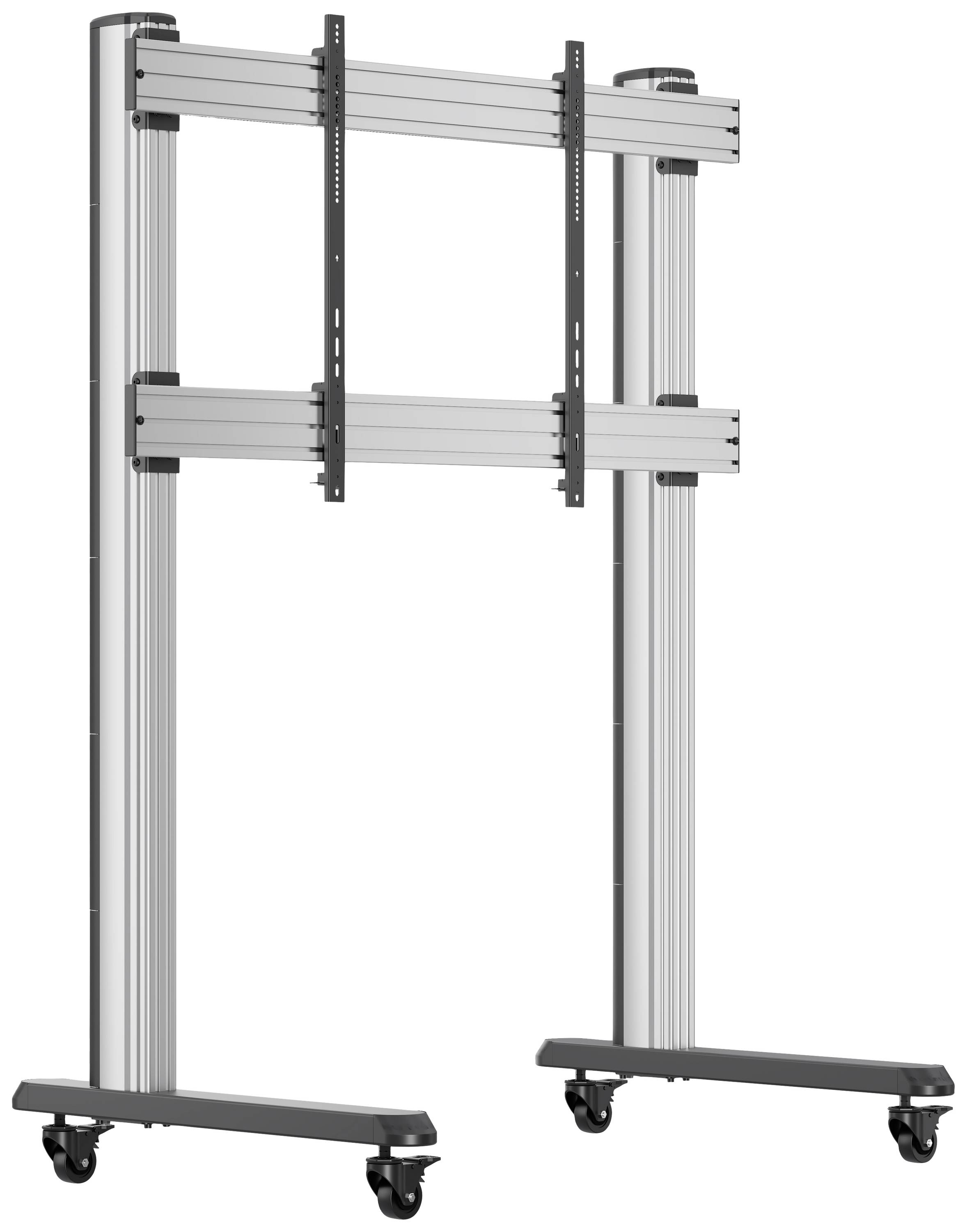 Mobiler TV-Ständer auf Rollen, höhenverstellbar, mit robustem Aluminiumrahmen und zwei vertikalen Schienen zur Montage eines Bildschirms.