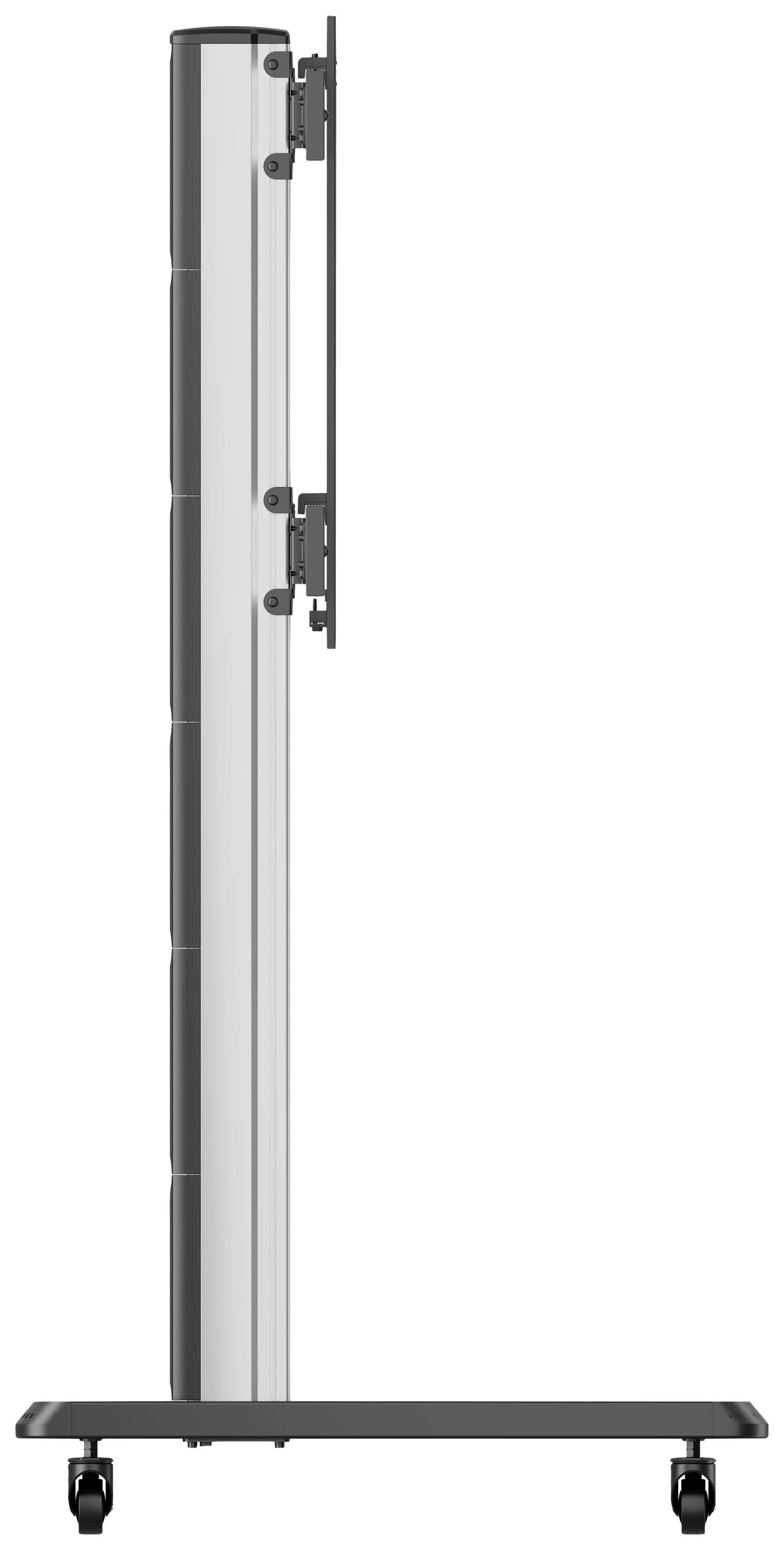 Rollbarer Standfuß für Bildschirme, seitliche Ansicht, mit verstellbarem Halterungsmechanismus und stabiler Basis auf Rollen.